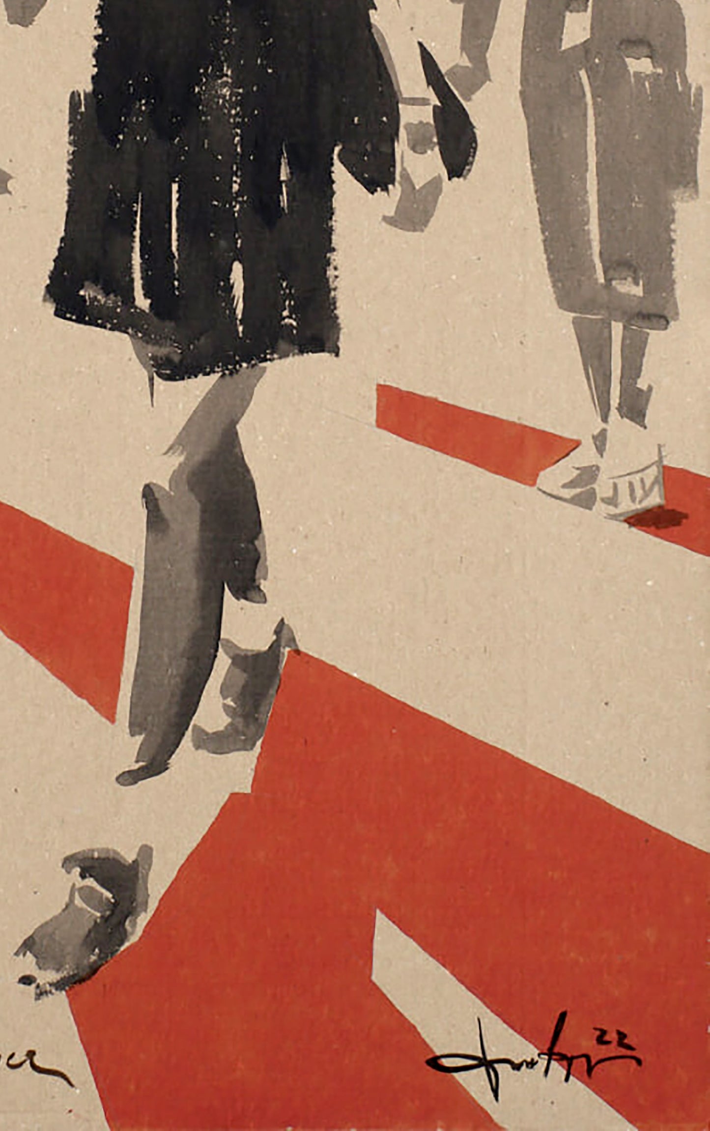 Watercolor painting Messenger Dima Filatov with bold black gray red geometric shapes