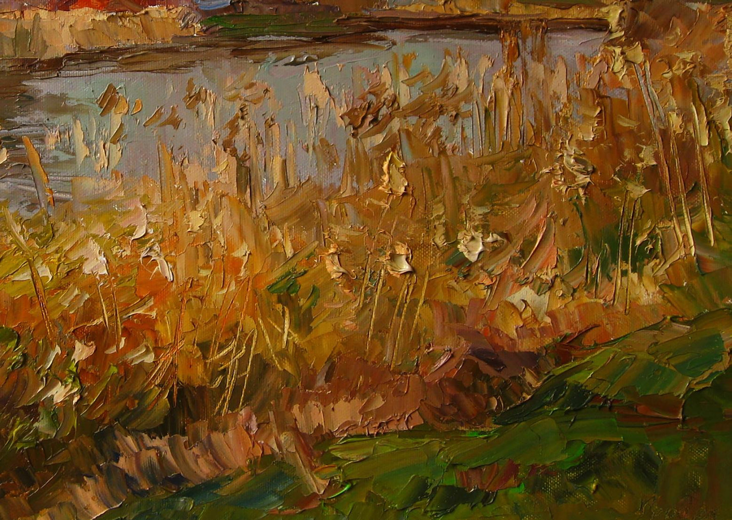 Textured impressionist oil painting of autumn river grasses by Boris Serdyuk