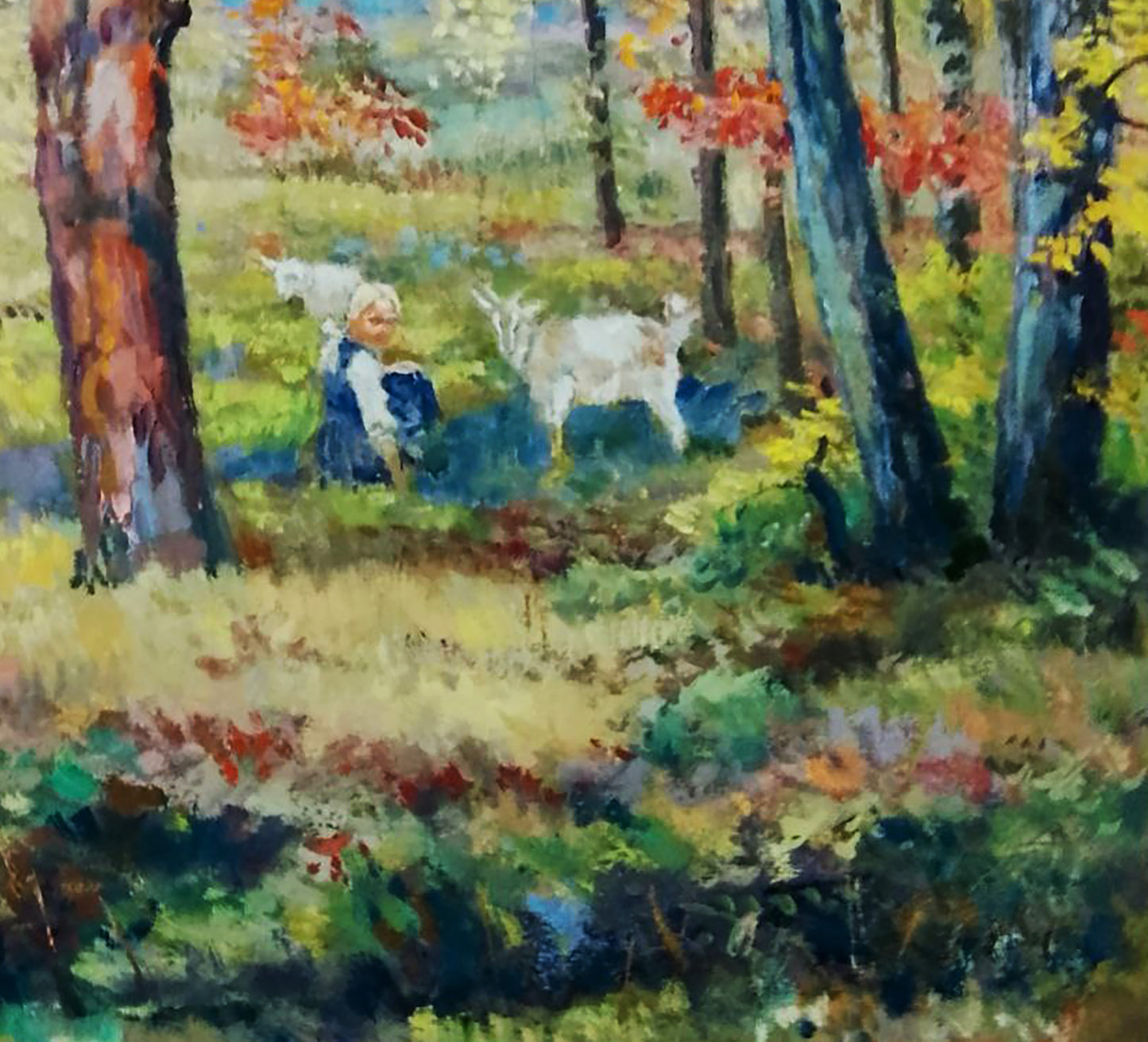 Vibrant impressionist oil painting by Vitaly Duhnevich: woman in blue amid autumn trees