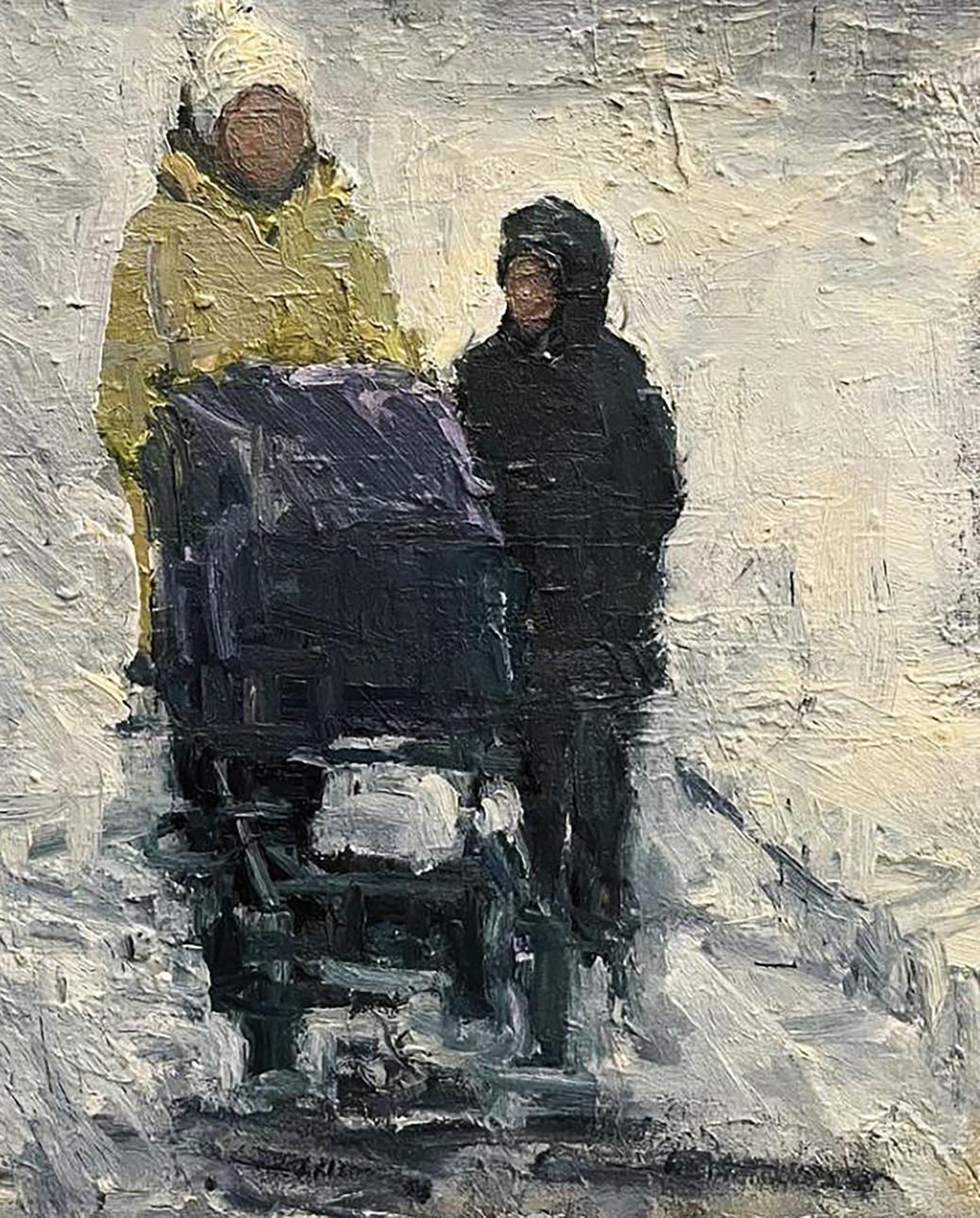 Oil painting Quiet conversation by Volodymyr Pashchenko snowy winter scene
