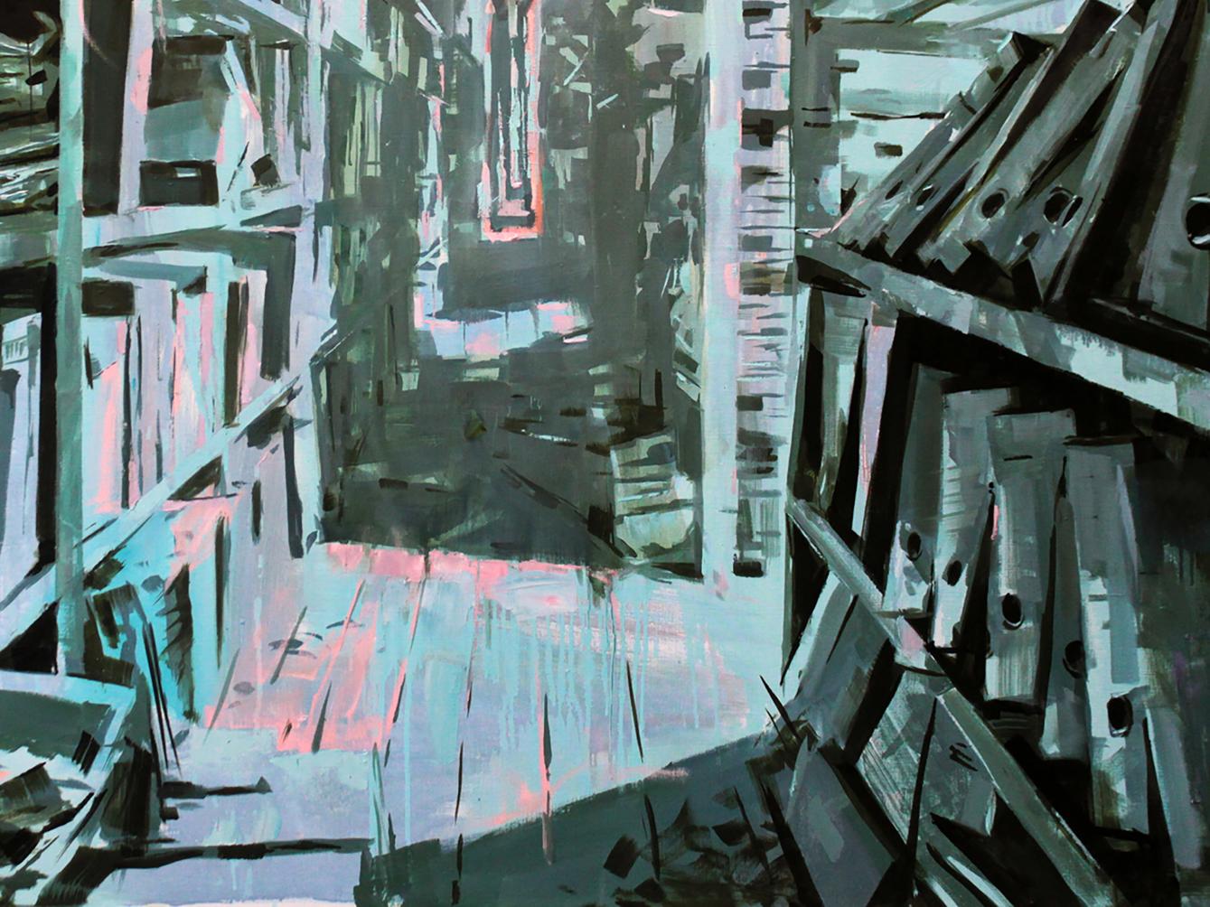 Stylized oil painting Archive Ed Potapenkov: teal gray pink warehouse aisle