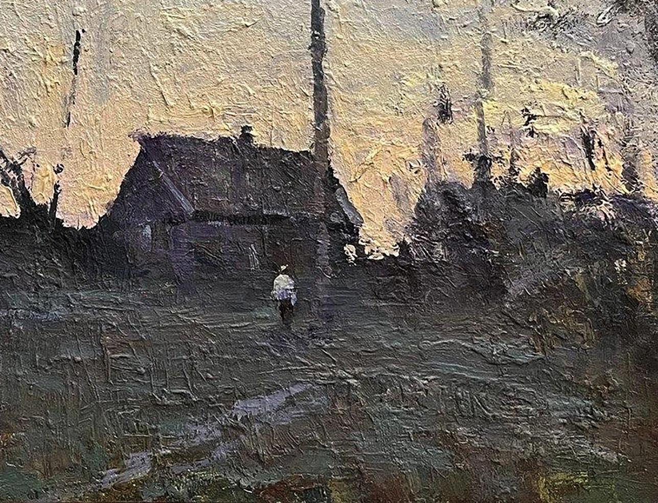 Oil painting Autumn in the village by Volodymyr Pashchenko, solitary figure approaching rustic house under golden sky