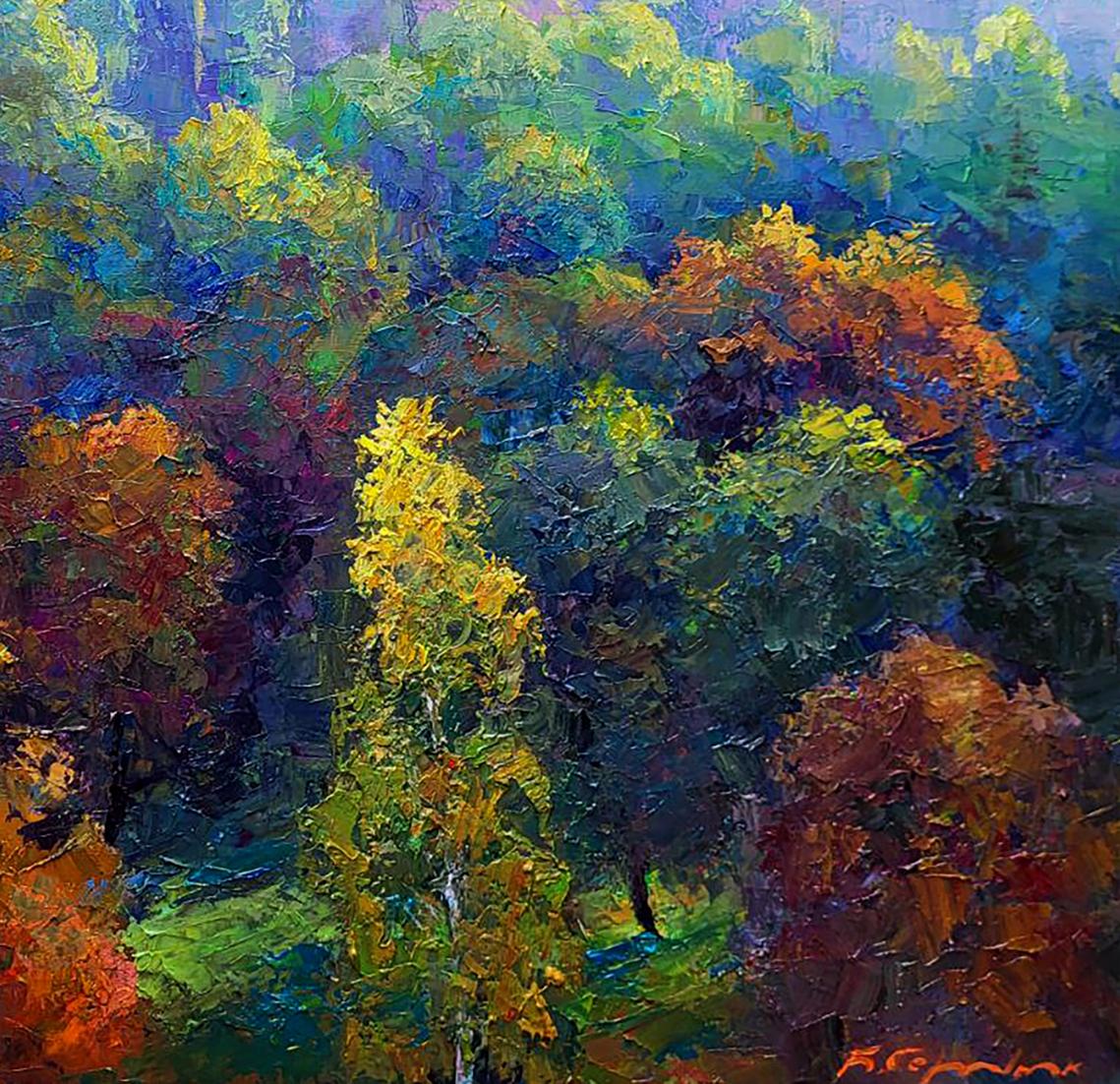 Vibrant impressionist autumn forest oil painting by Boris Serdyuk