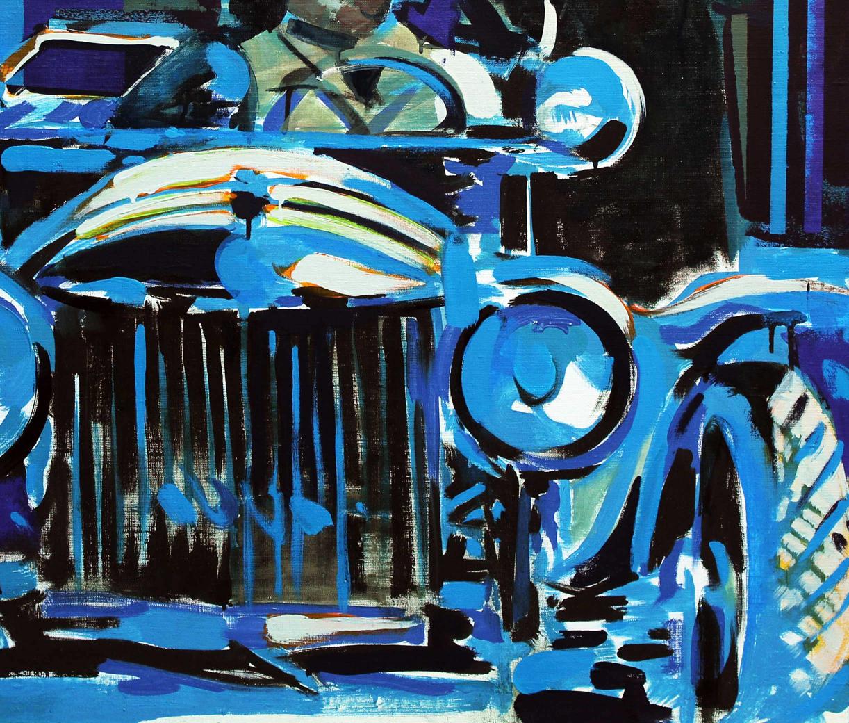 Vibrant blue black abstract oil painting of classic car by Ed Potapenkov