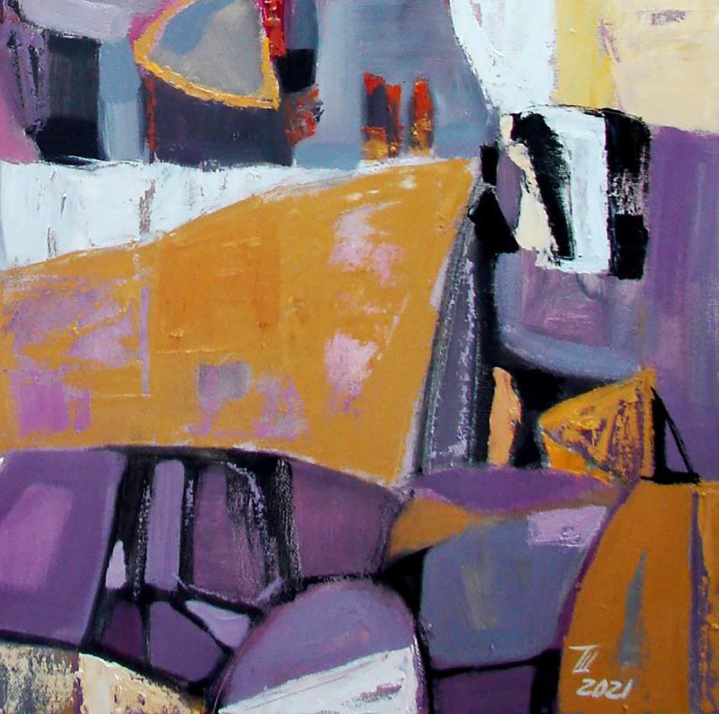Oil painting Lilac geometry by Tatyana Shulyak with purple, orange, gray blocks