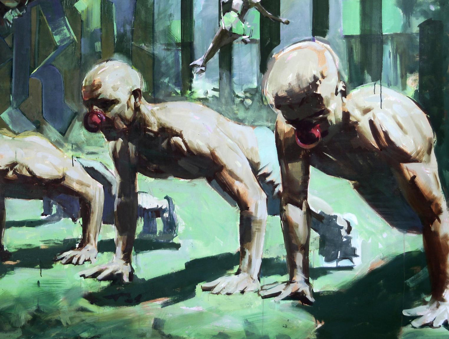 Oil painting by Ed Potapenkov of muscular bald figures in green landscape