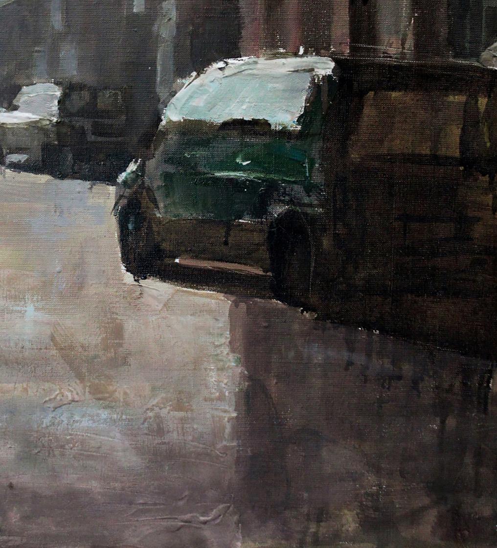 Oil painting Street Ed Potapenkov: impressionistic green brown van on wet street