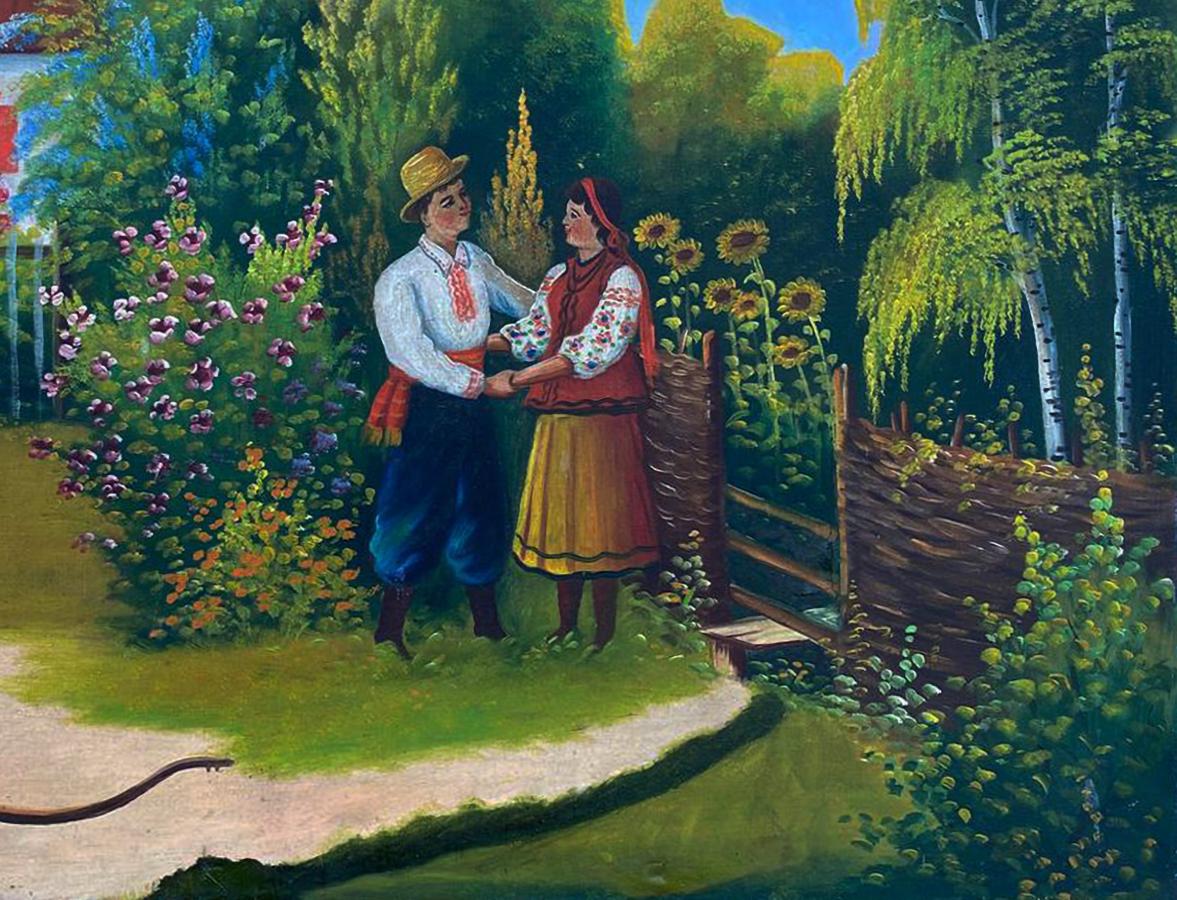 Oil painting Near the Bridge: couple in folk attire by rustic gate, flowers