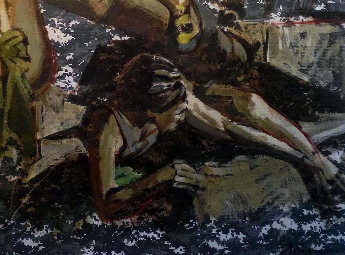 Oil painting Amazons Ed Potapenkov with bold earthy abstract brushstrokes