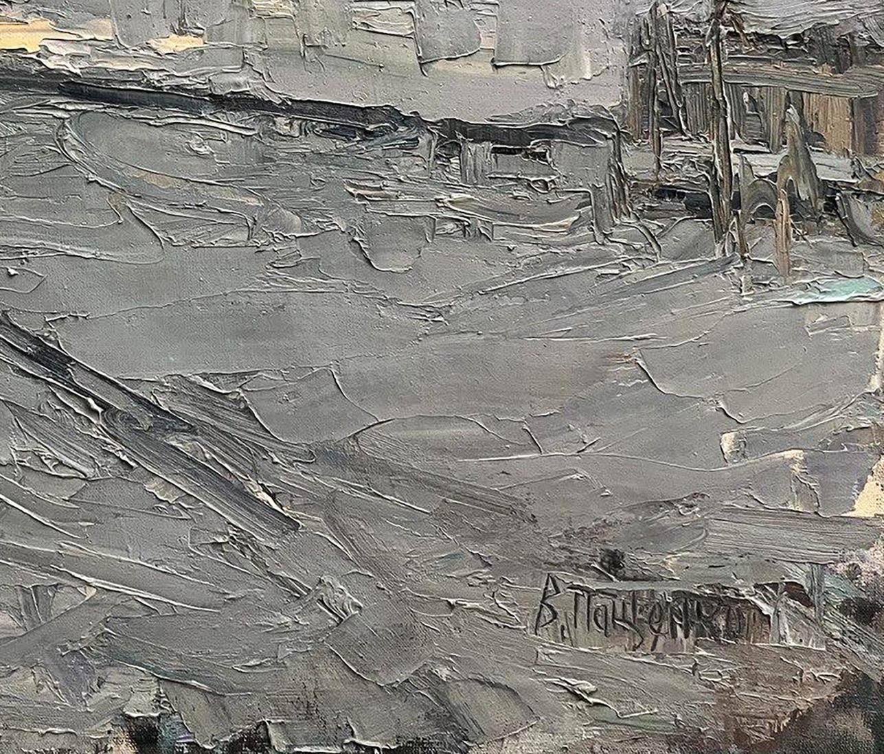 Oil painting Snowy road by Volodymyr Pashchenko, textured gray-brown landscape