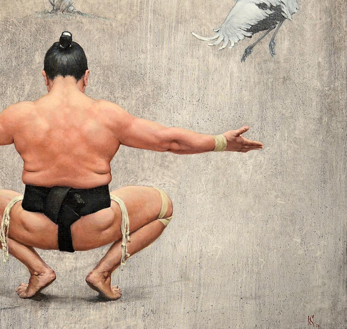 Back view of sumo wrestler in black mawashi by Oleg Kateryniuk oil painting