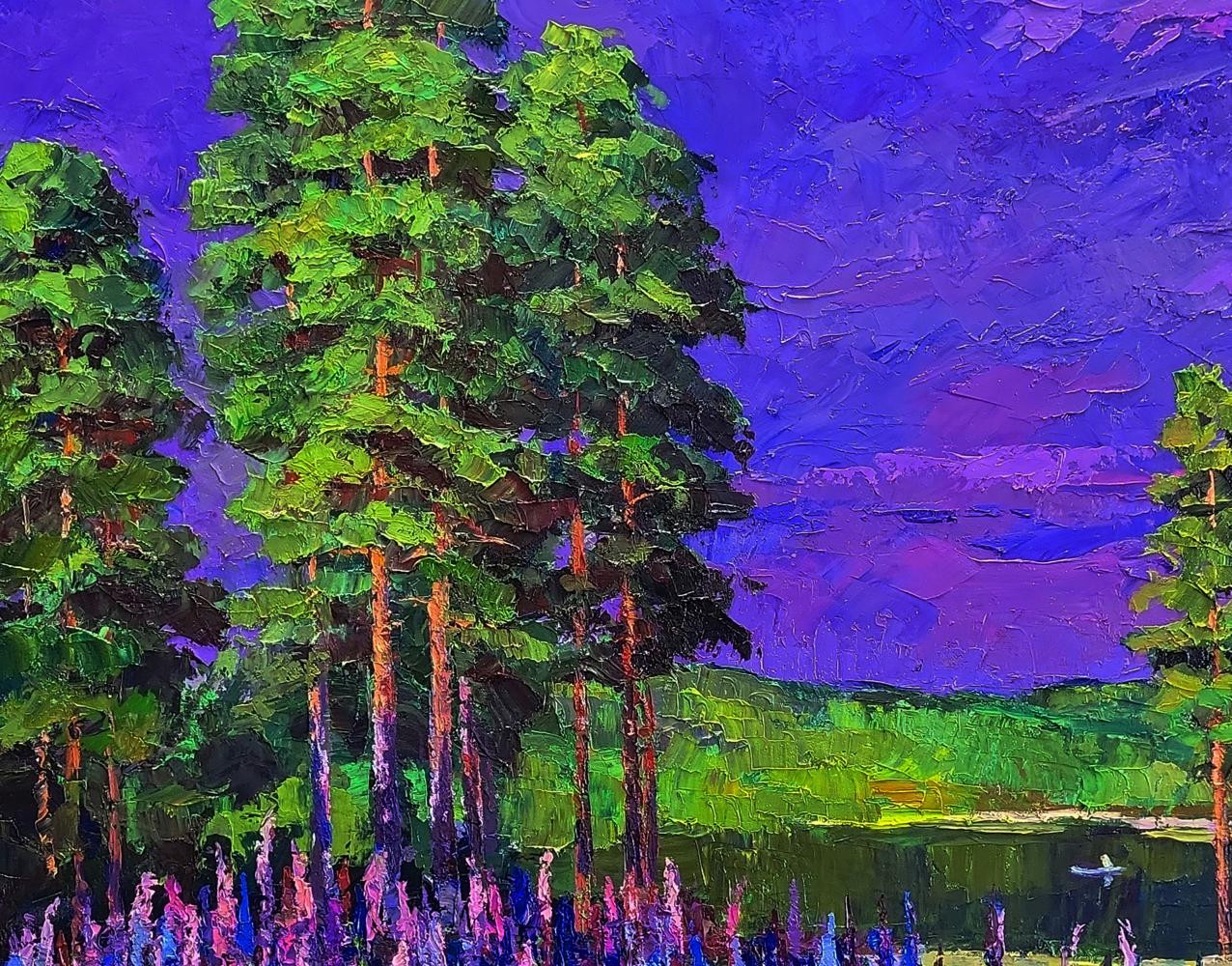 Vibrant impressionist oil painting by Boris Serdyuk: pine trees, purple sky, violet blue flowers
