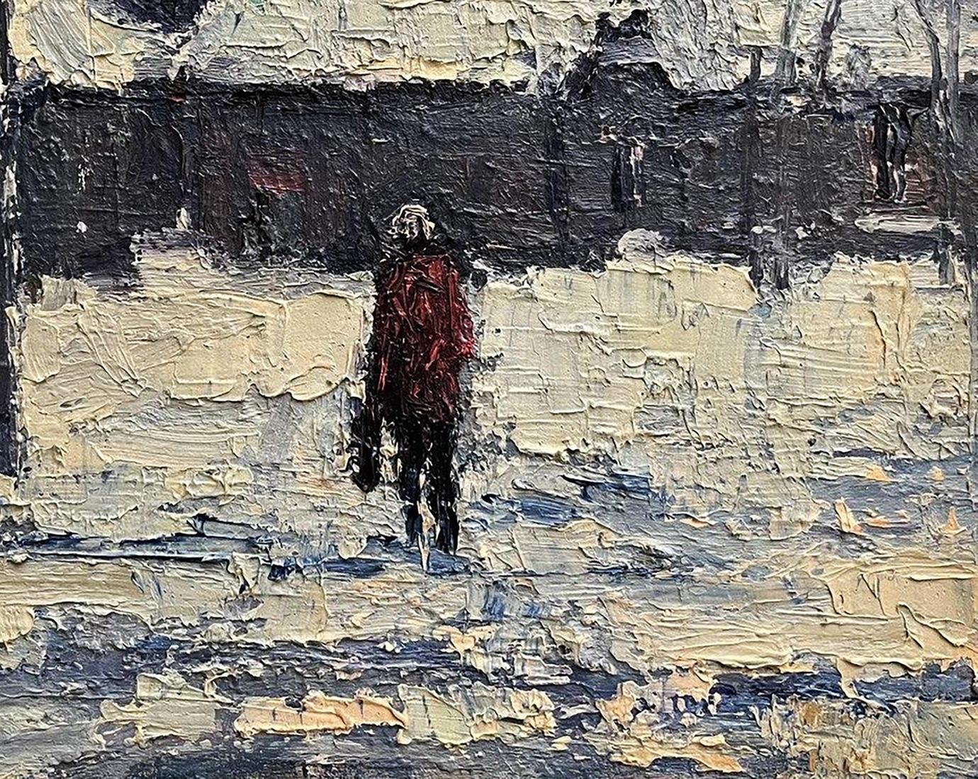 Oil painting Returning Home by Volodymyr Pashchenko: figure in red coat in snow