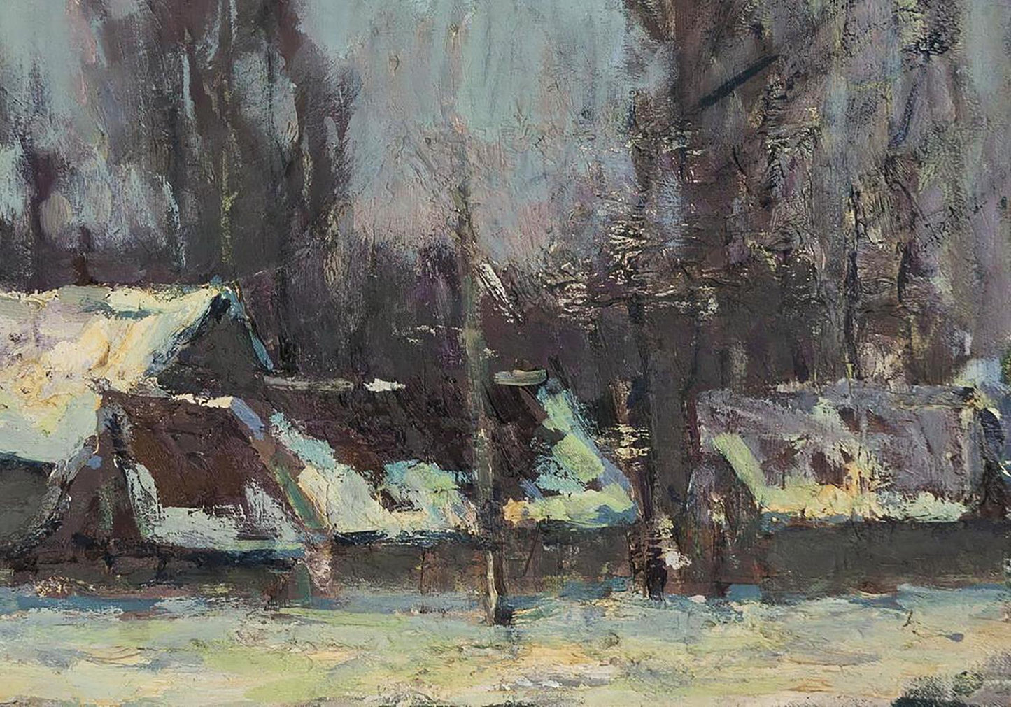Snow-dusted wooden houses in Oil painting After a cold night by Volodymyr Pashchenko