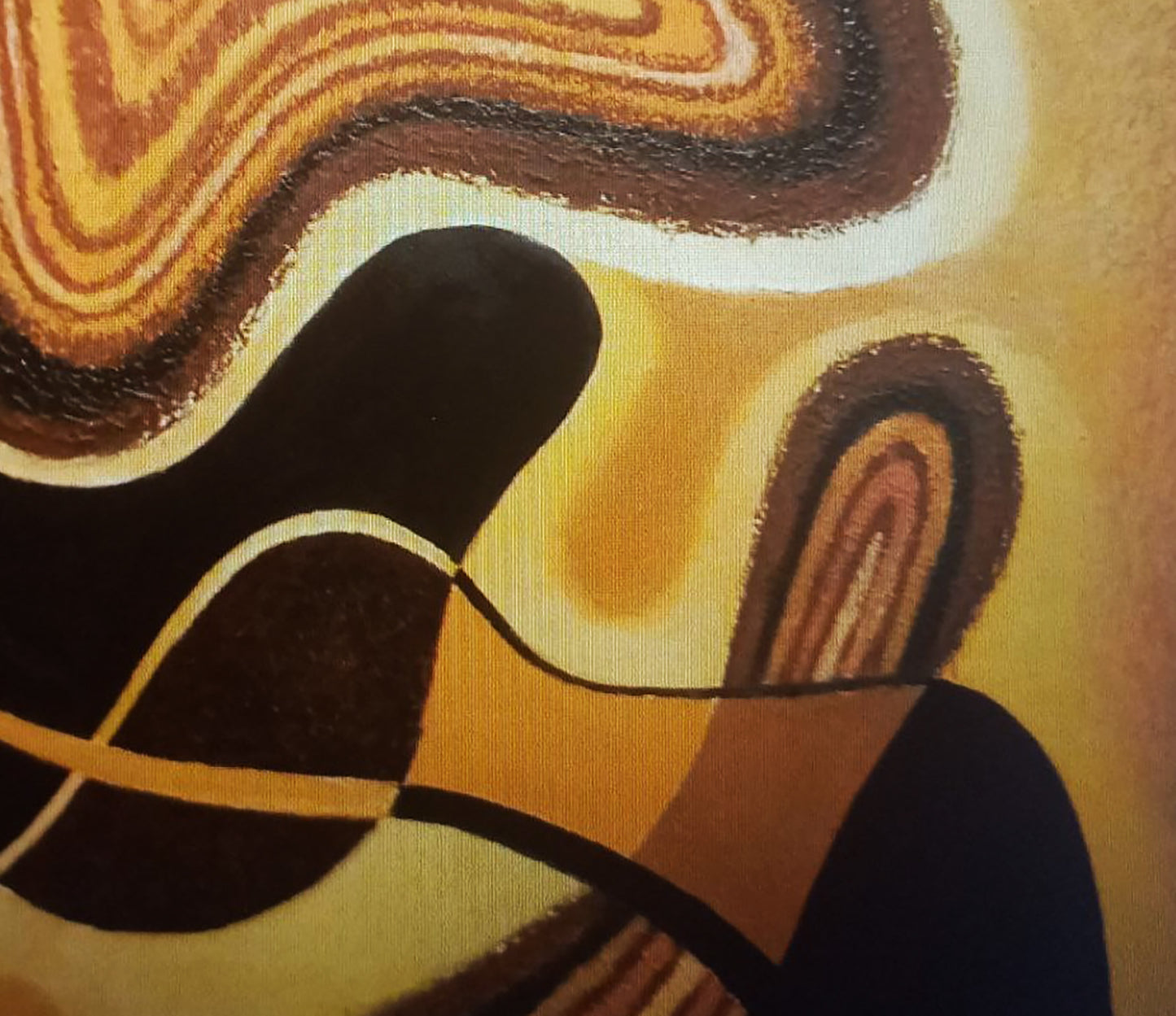 Oil painting Influx by Alexander Strashevich with bold black, brown, golden-yellow swirls on textured canvas
