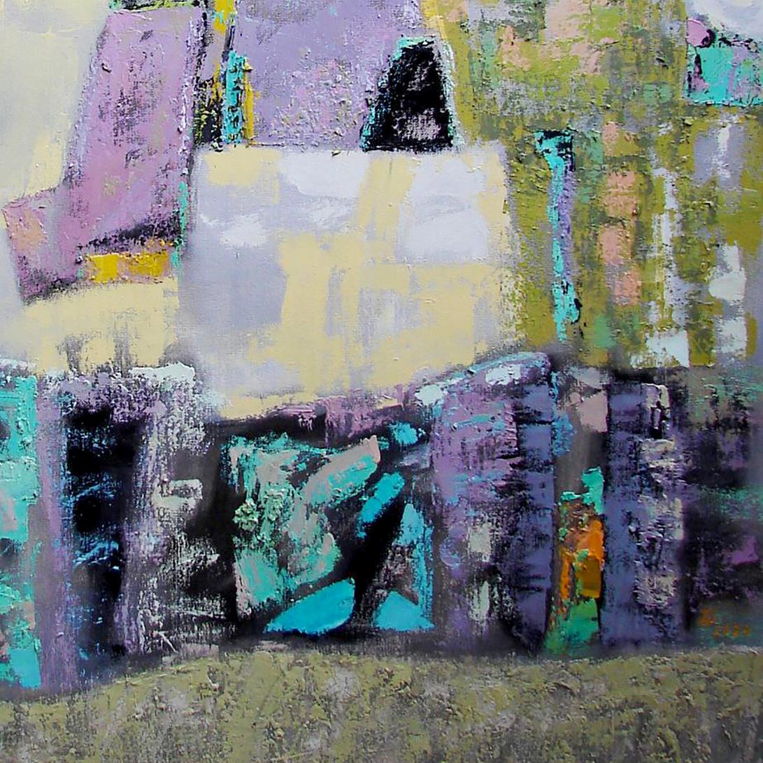 Oil painting Weaving by Tatyana Shulyak with bold purple yellow green teal strokes