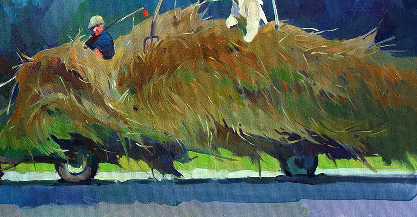 Oil painting Once upon a time in the mountains by Anastasia Yaroshevich: rustic straw-covered vehicle with man in blue attire and white hat atop hay