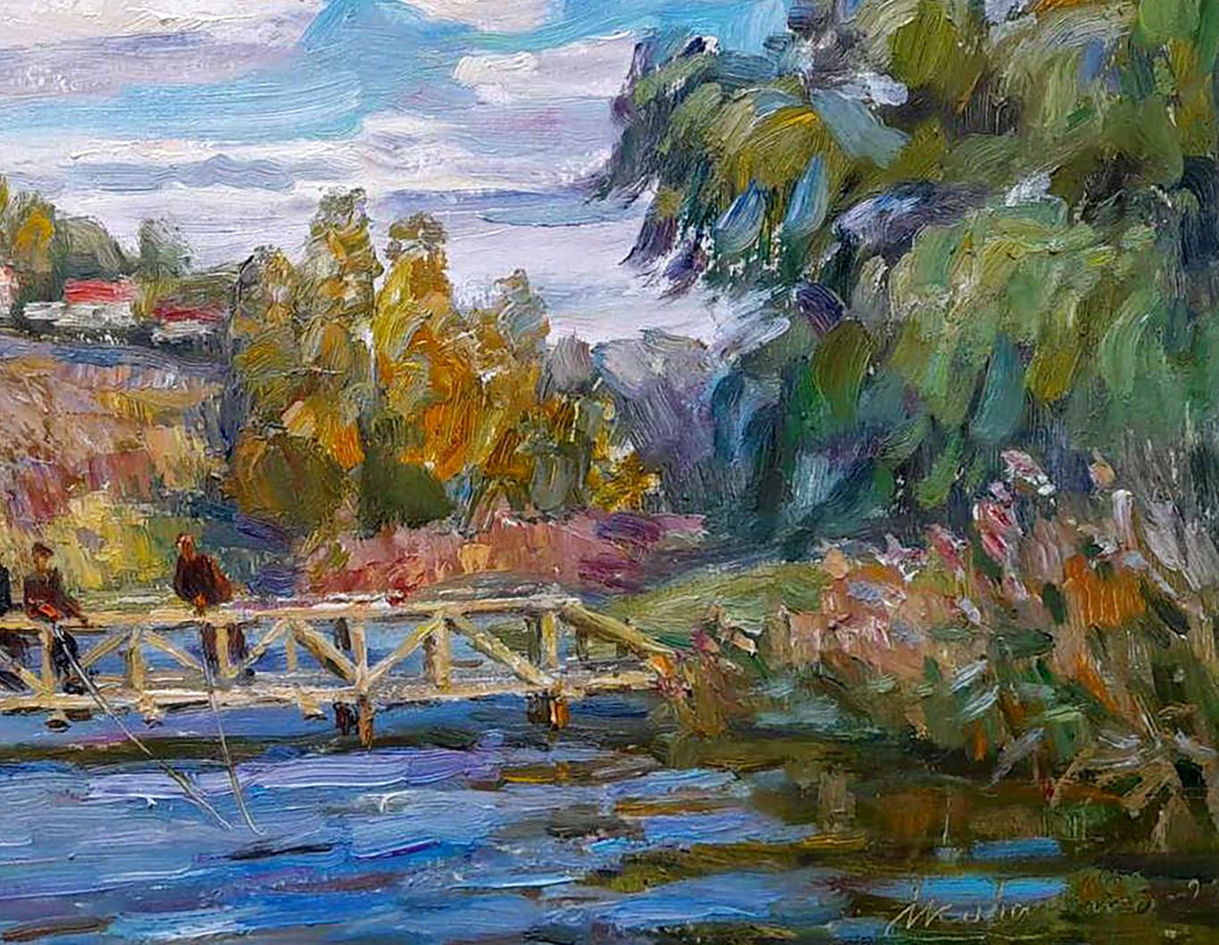 Ivan Mikhailovich Kovalenko's painting portrays the scene of fishermen positioned on the bridge