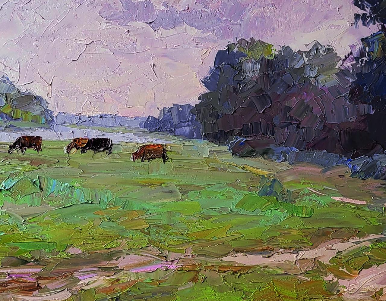 Textured impressionist oil painting of three brown cows grazing by Boris Serdyuk