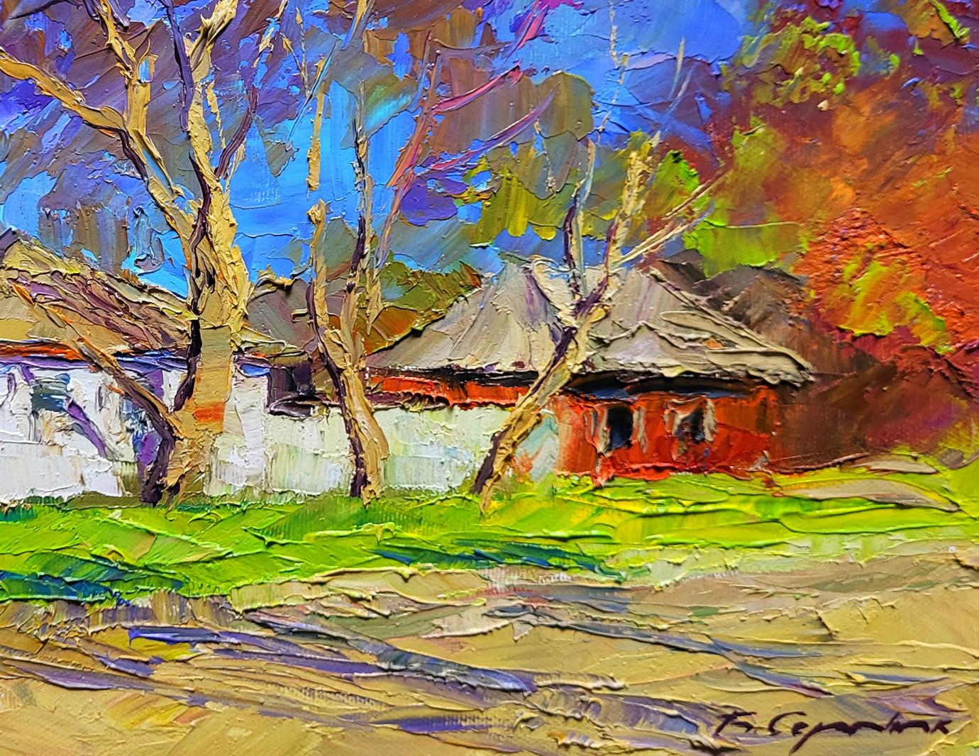 Vibrant impressionist oil painting Early spring by Boris Serdyuk rustic house in trees
