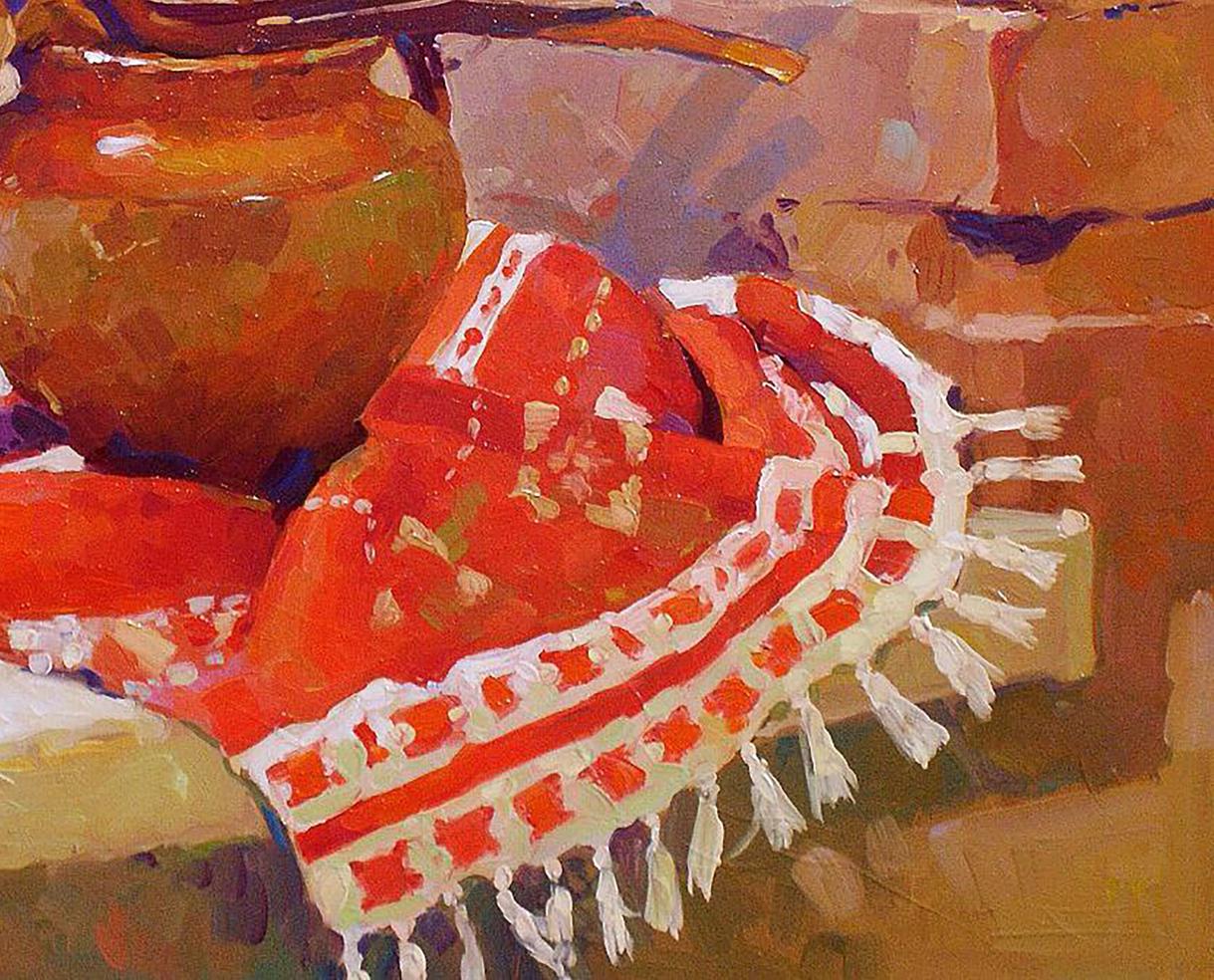 Oil painting Still life with dry sunflowers by Anastasia Yaroshevich, red woven textile detail