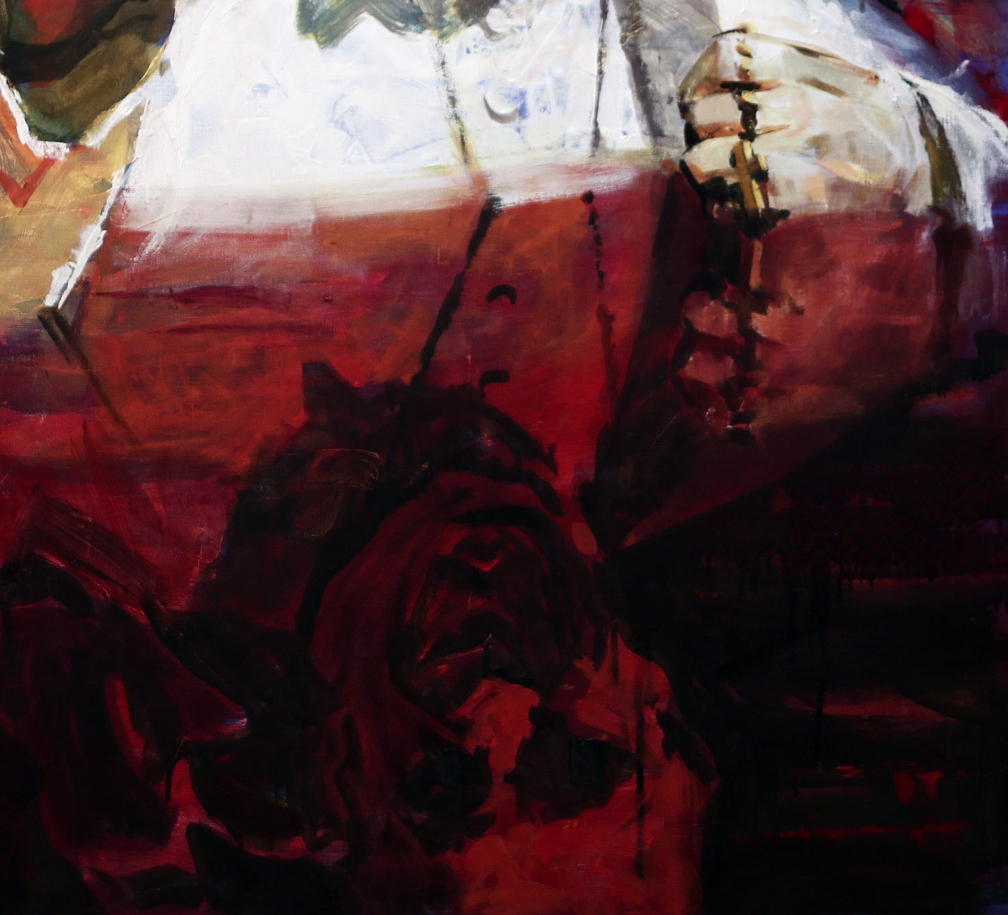 Oil painting Ablution by Ed Potapenkov with bold red purple brushstrokes