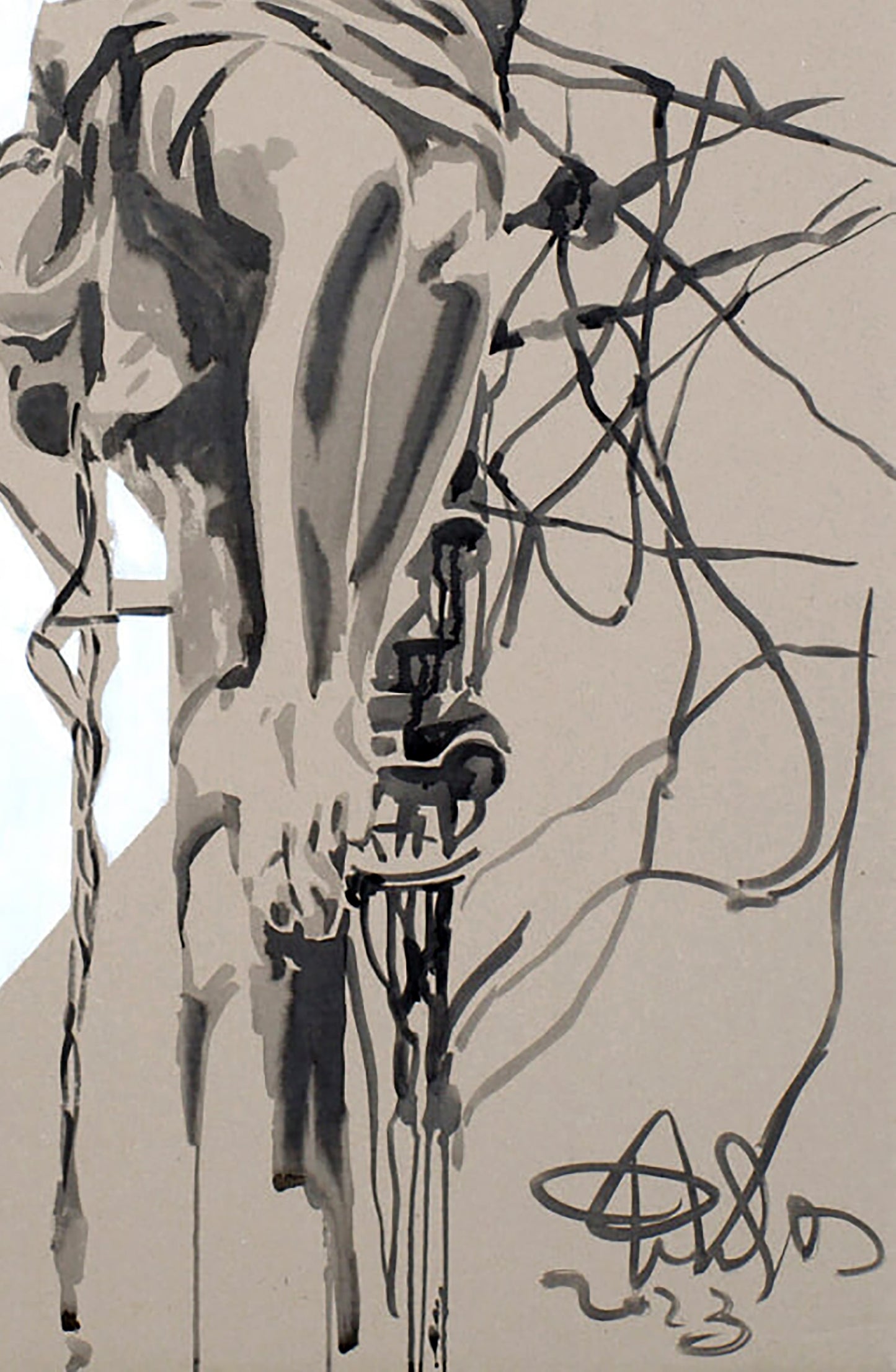 Abstract ink acrylic painting by Dima Filatov with lighting on beige background