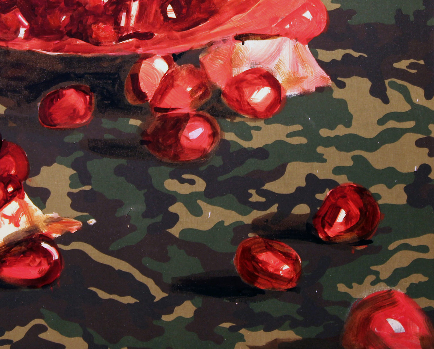 Oil painting by Ed Potapenkov: vibrant red pomegranate seeds spilling from cracked fruit on camouflage surface