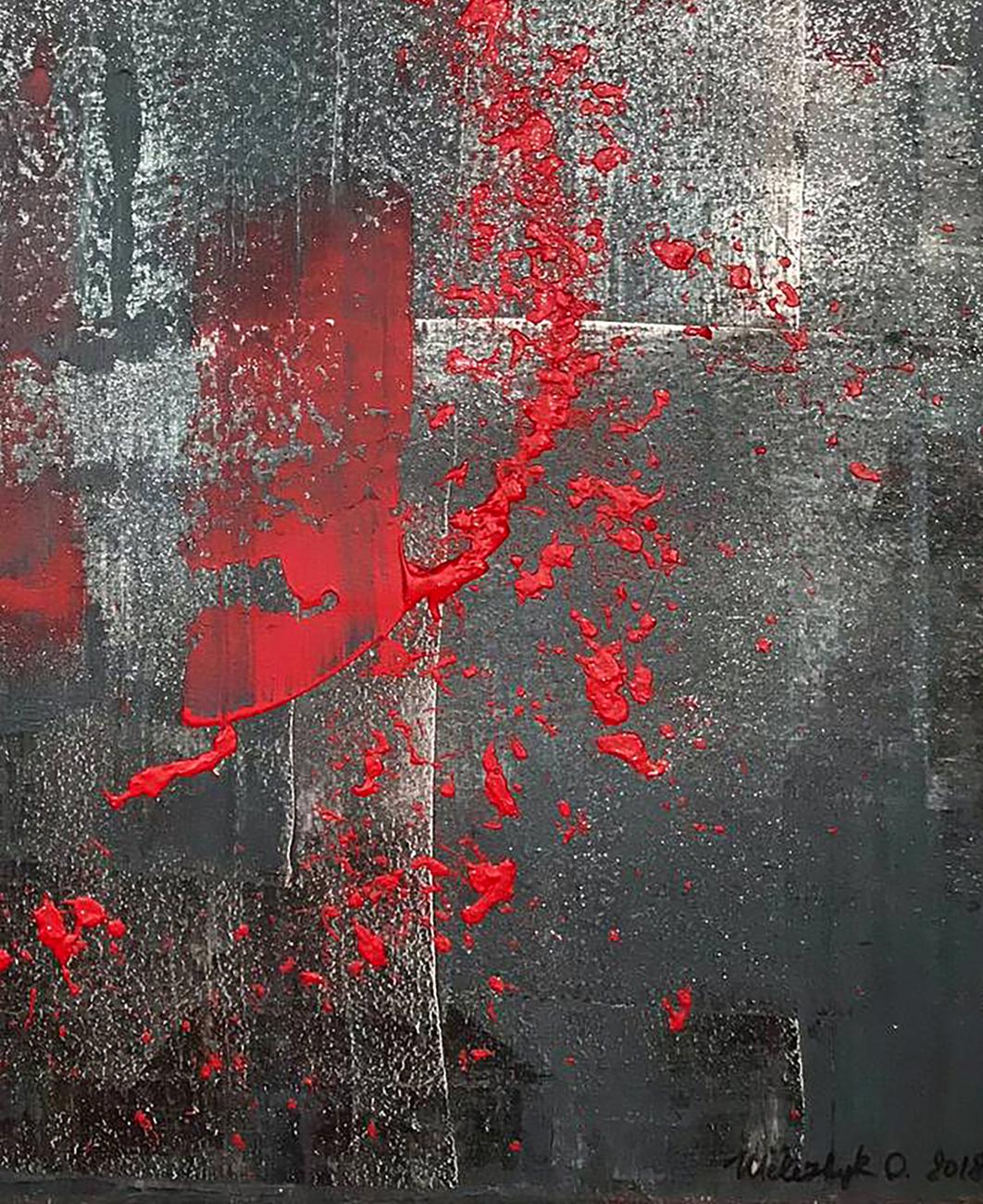 Acrylic painting Night melody by Olga Melezhik with red splatters on gray black background
