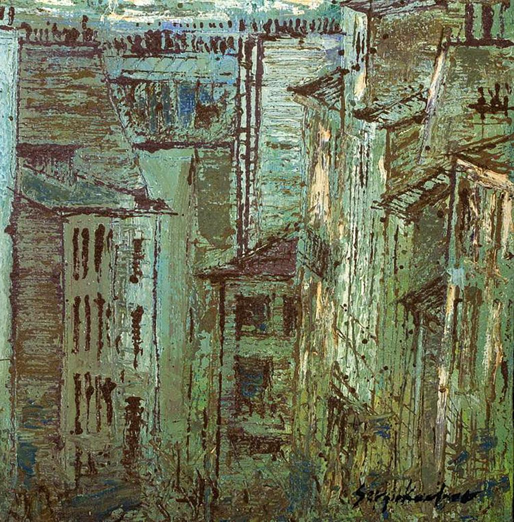 Oil painting Durability by Serhiy Kovalev: weathered urban buildings