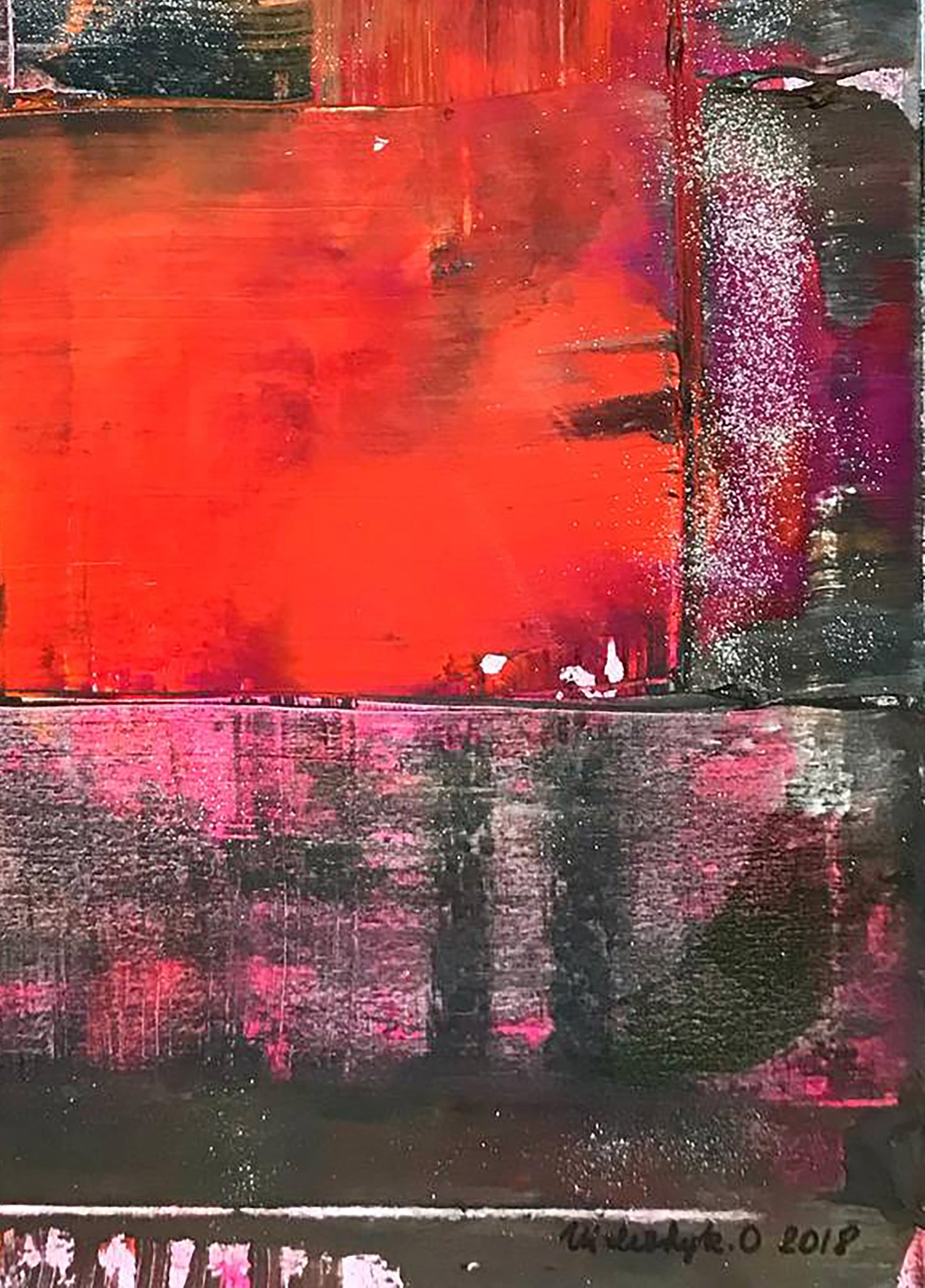 Abstract LOVE acrylic painting by Olga Melezhik with red pink black strokes