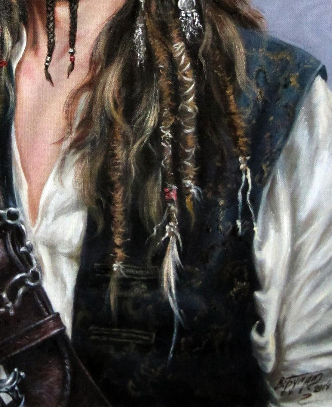 Oil painting self-portrait as Jack Sparrow with long brown-blonde dreadlocks, silver charms, feathers by Valeriy Bulat
