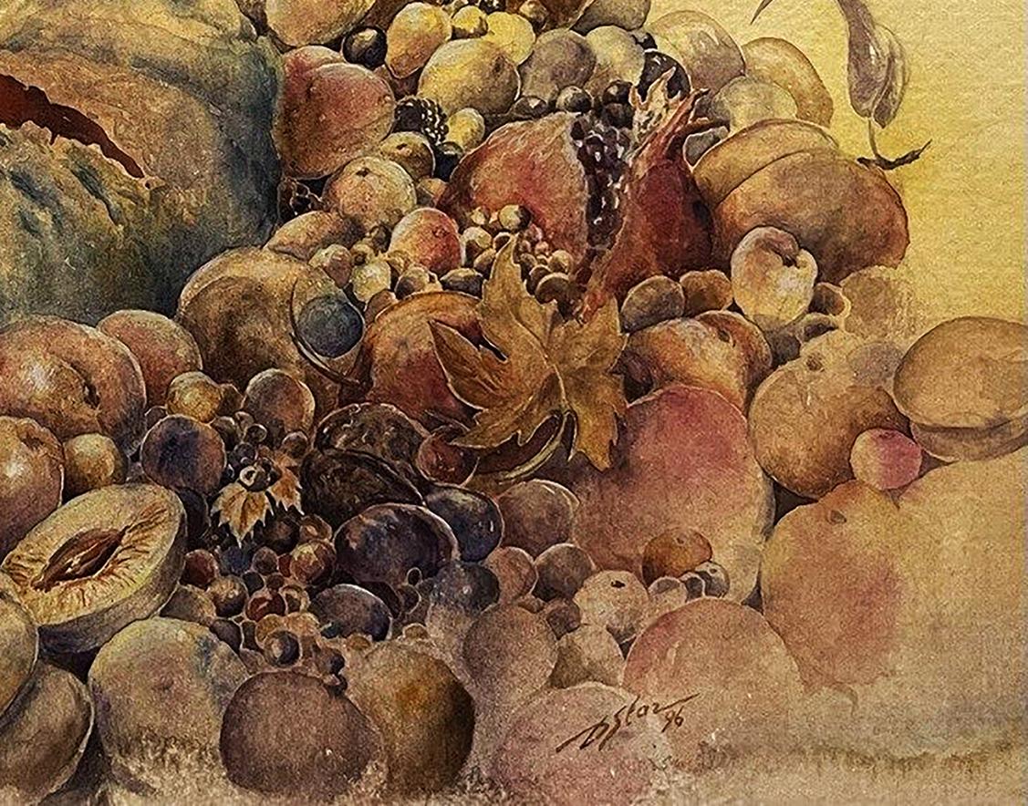 Watercolor still life painting by Dmytro Startsev with pomegranates grapes peaches plums