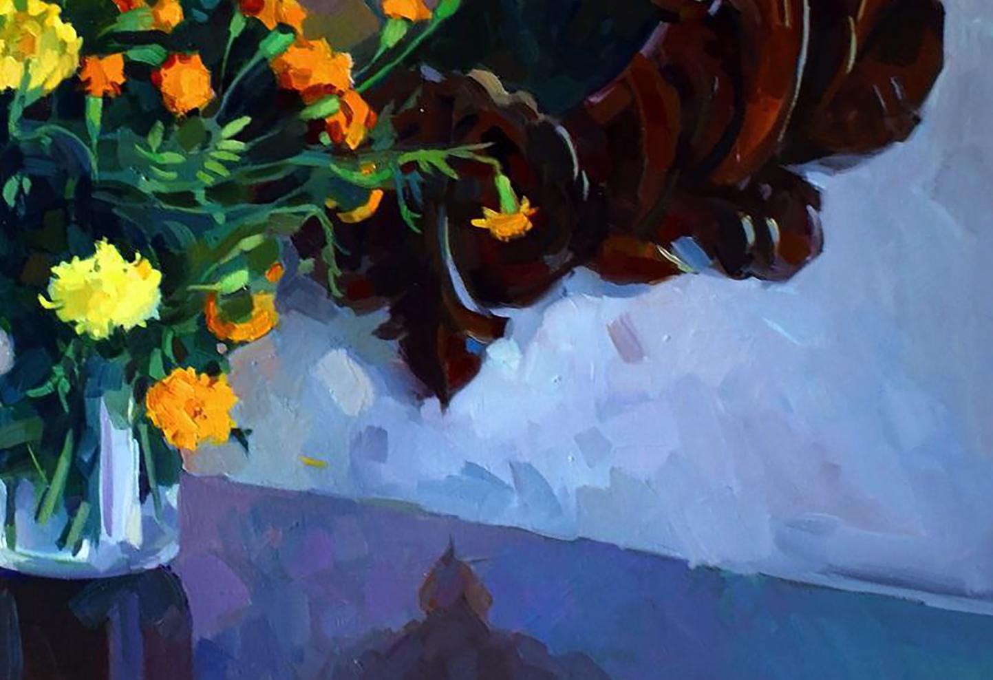 Oil painting of orange yellow marigolds in vase by Anastasia Yaroshevich