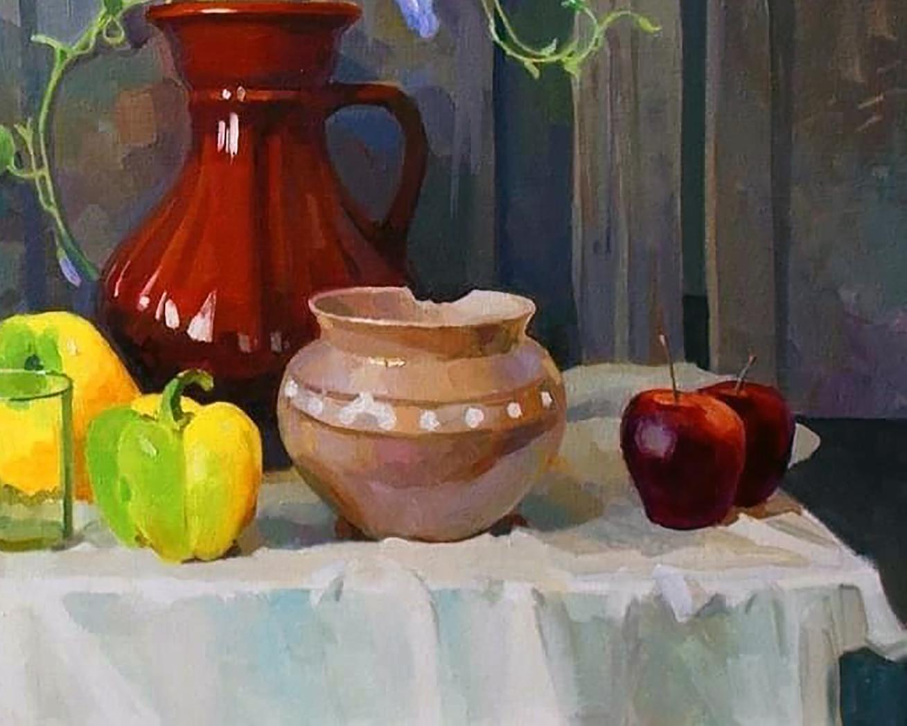 Oil painting still life with glossy terracotta pitcher and sweet pepper by Anastasia Yaroshevich