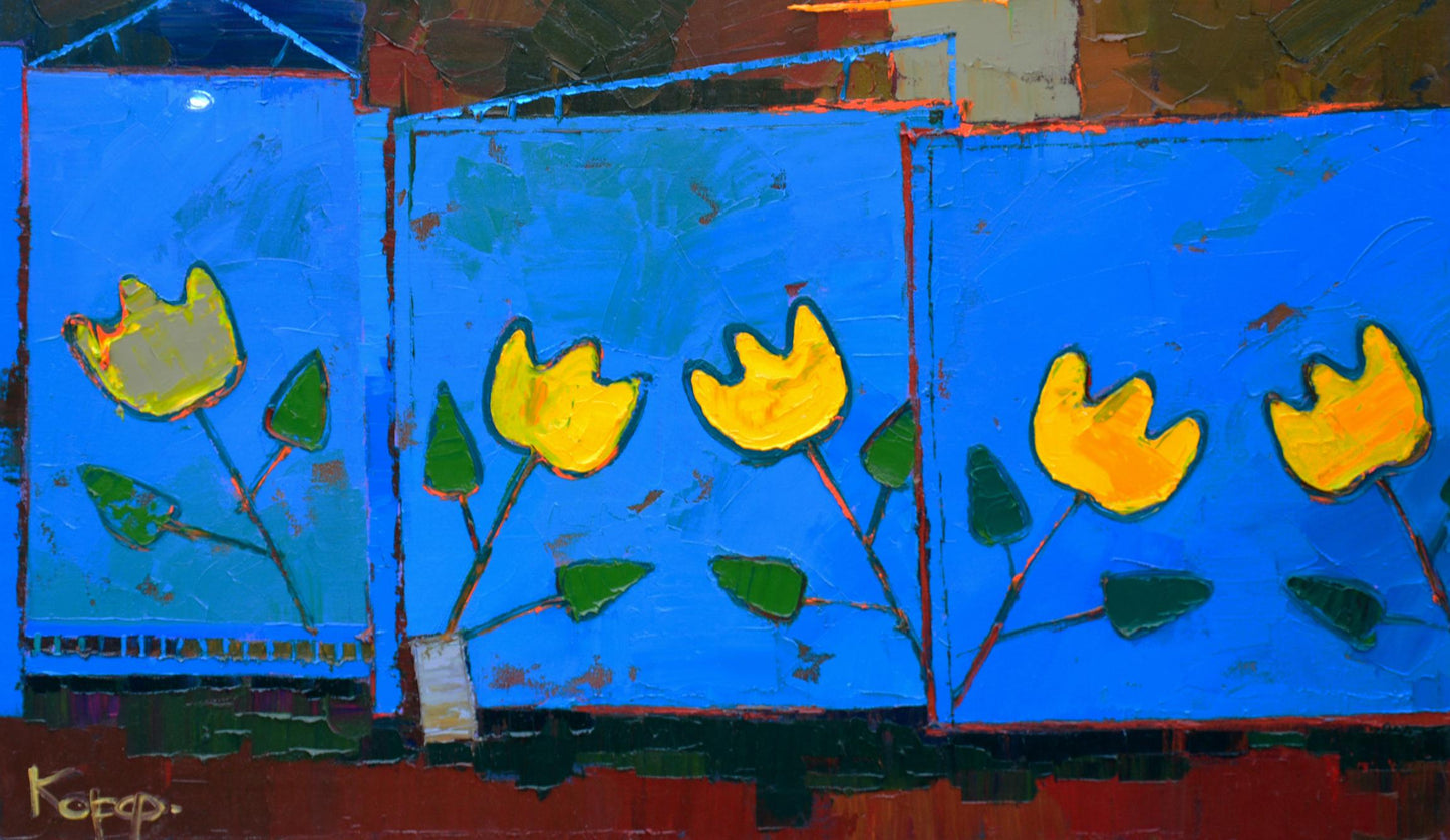 Oil painting of blue village gates with yellow tulips by Natalia Korf-Ivaniuk