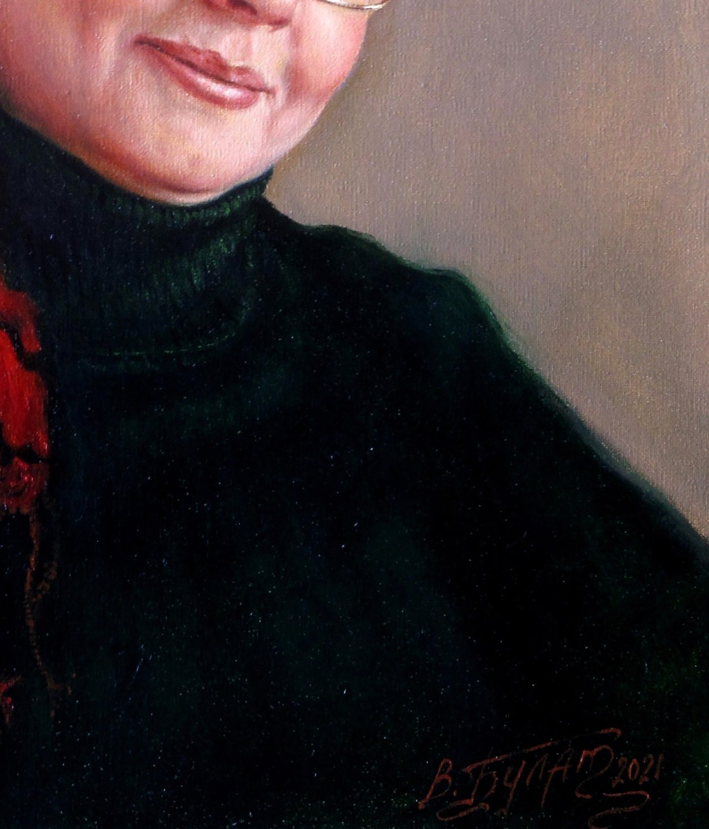 Oil painting Modest Valeriy Bulat: dark green textured turtleneck with red floral shoulder