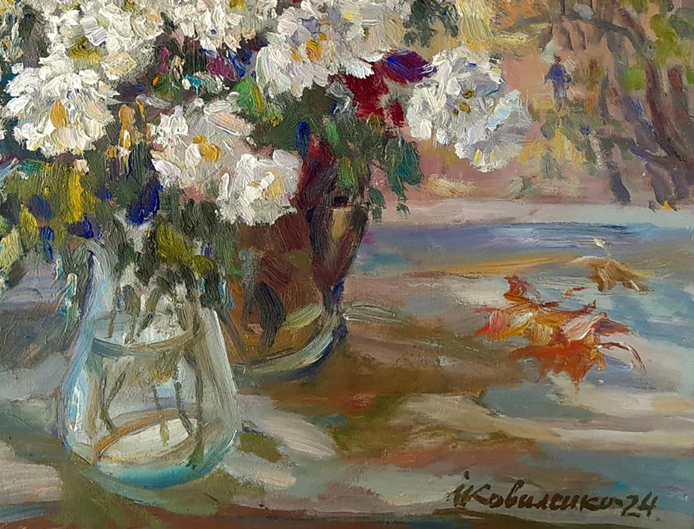 Clear glass vase with Oi painting autumn flowers bouquet by Ivan Kovalenko