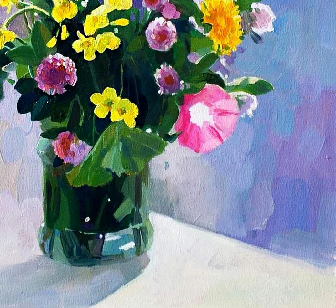 Oil painting of vibrant yellow pink purple autumn wildflowers by Anastasia Yaroshevich