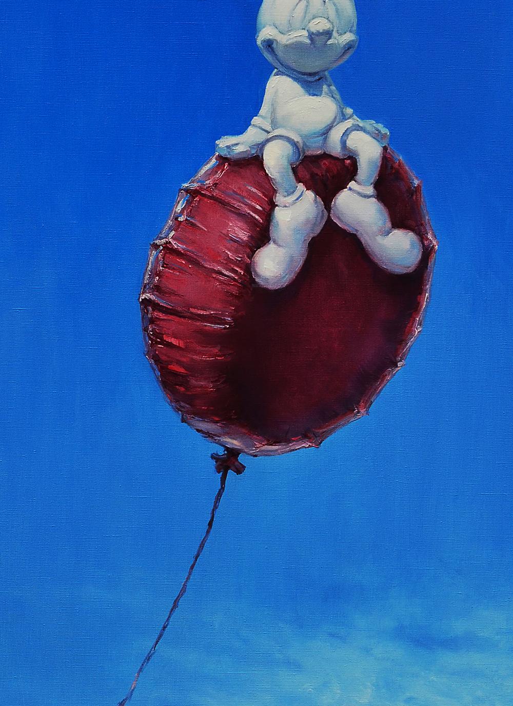 White cartoon character on glossy red hot air balloon oil painting by Oleg Kateryniuk