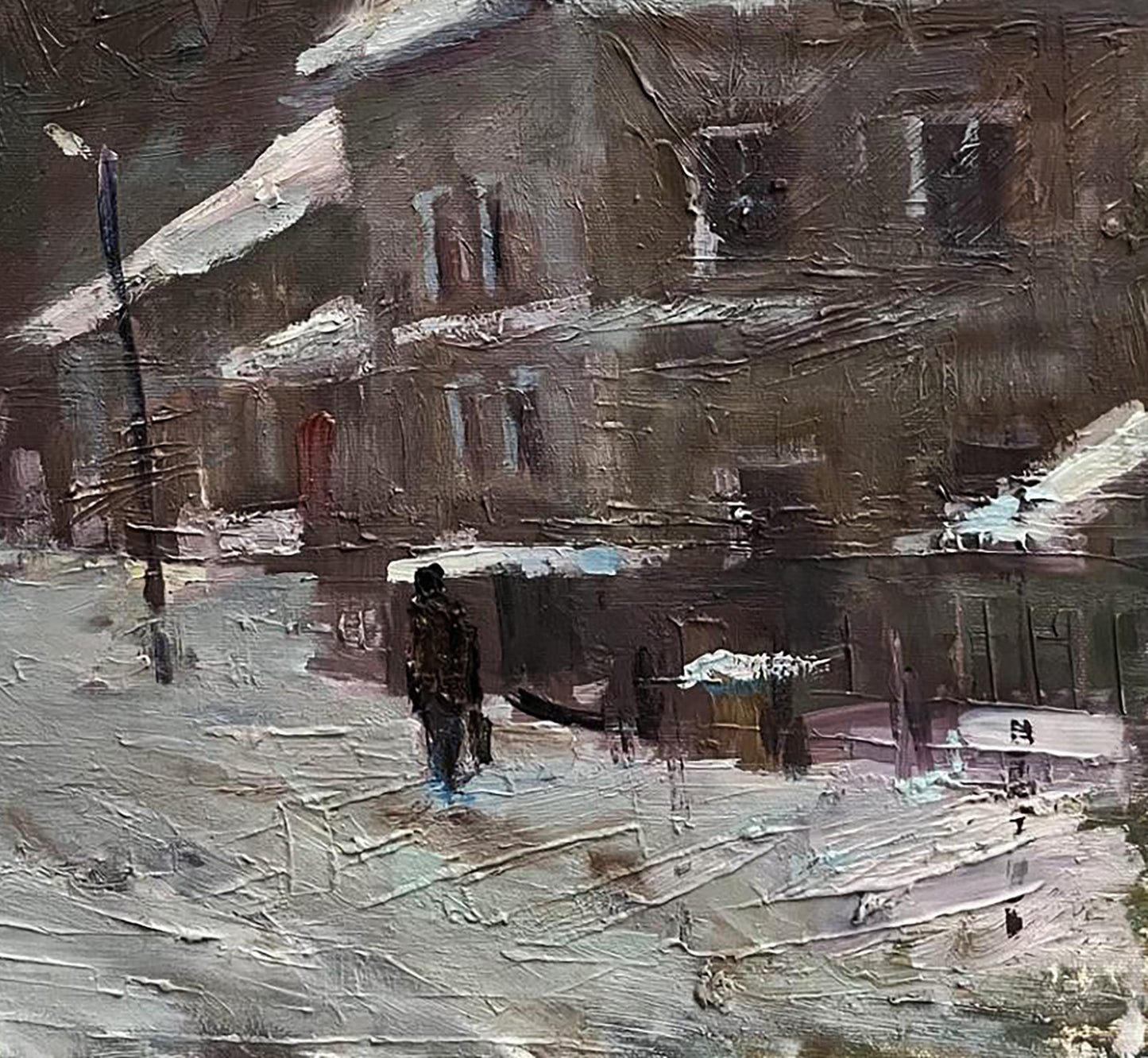 Textured impressionistic oil painting of snowy city street by Volodymyr Pashchenko