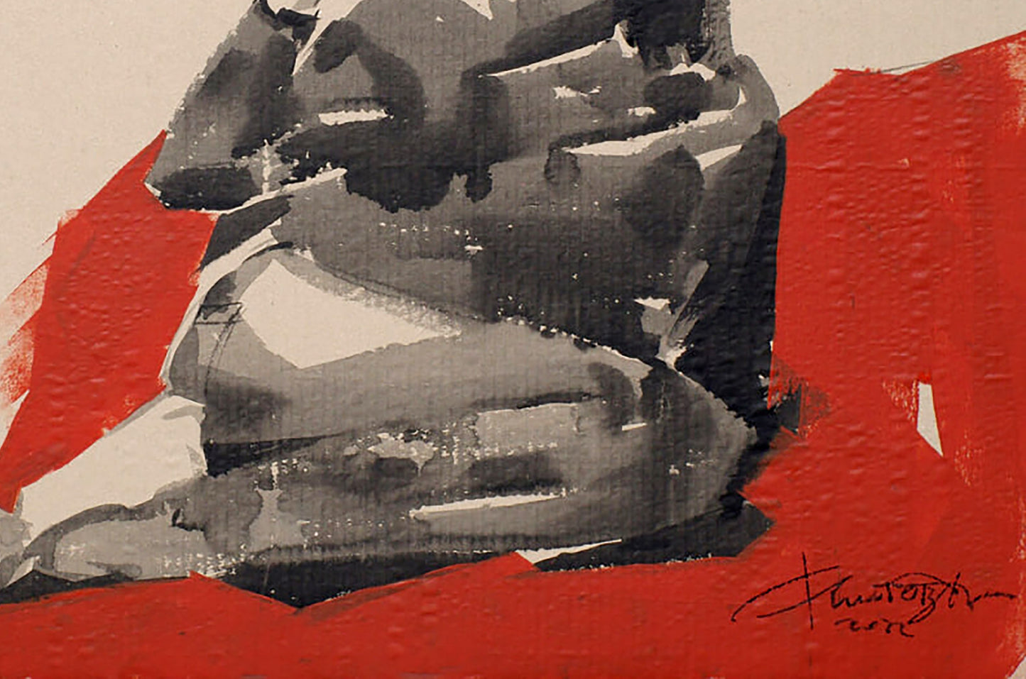 Abstract gray figure on red background, Red Wine by Dima Filatov acrylic painting