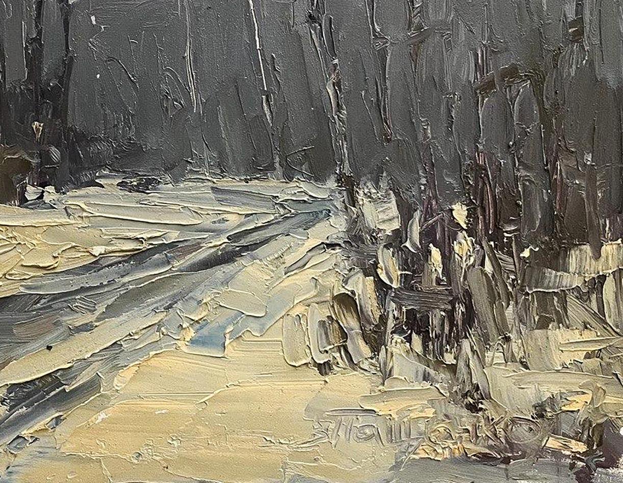 Oil painting In the winter forest by Volodymyr Pashchenko textured path through dark trees