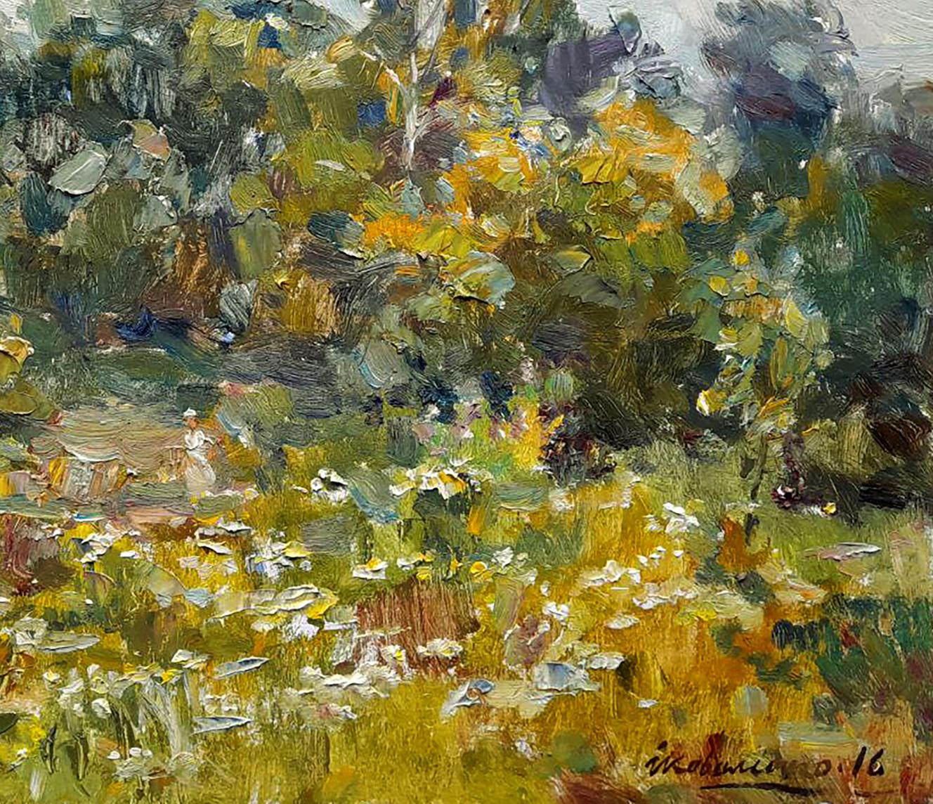 Vibrant Oi painting Summer calm by Ivan Kovalenko: sunlit meadow in impasto