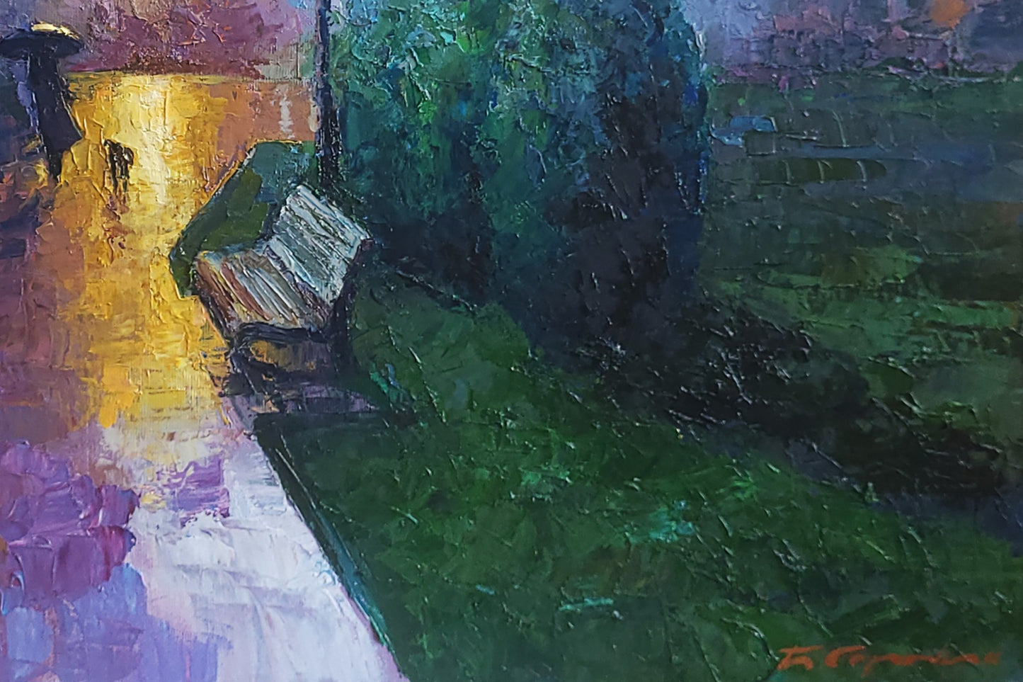 Oil painting Under the rain by Boris Serdyuk: weathered wooden bench in rain