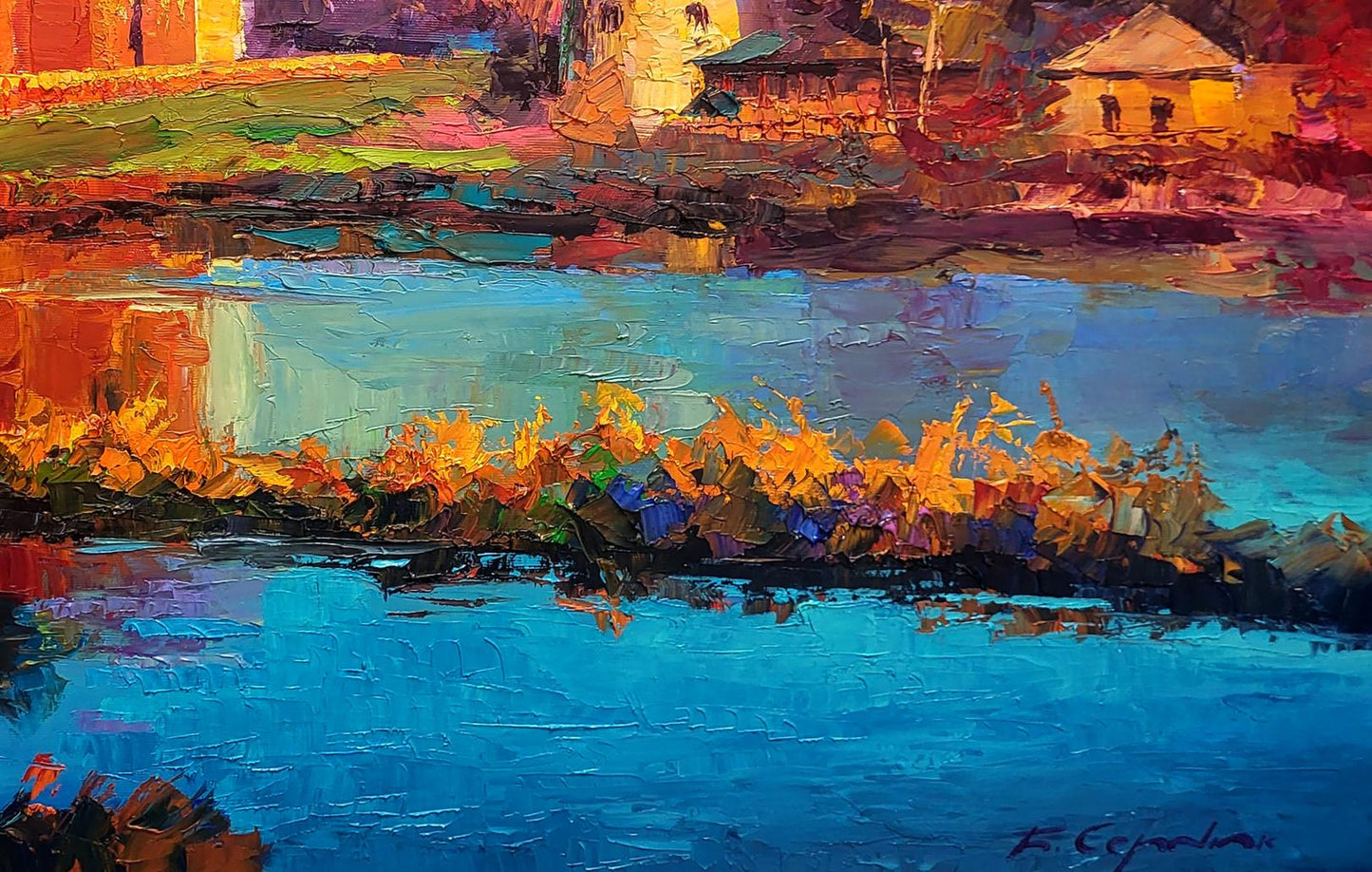 Vibrant impressionist oil painting Evening near the church by Boris Serdyuk