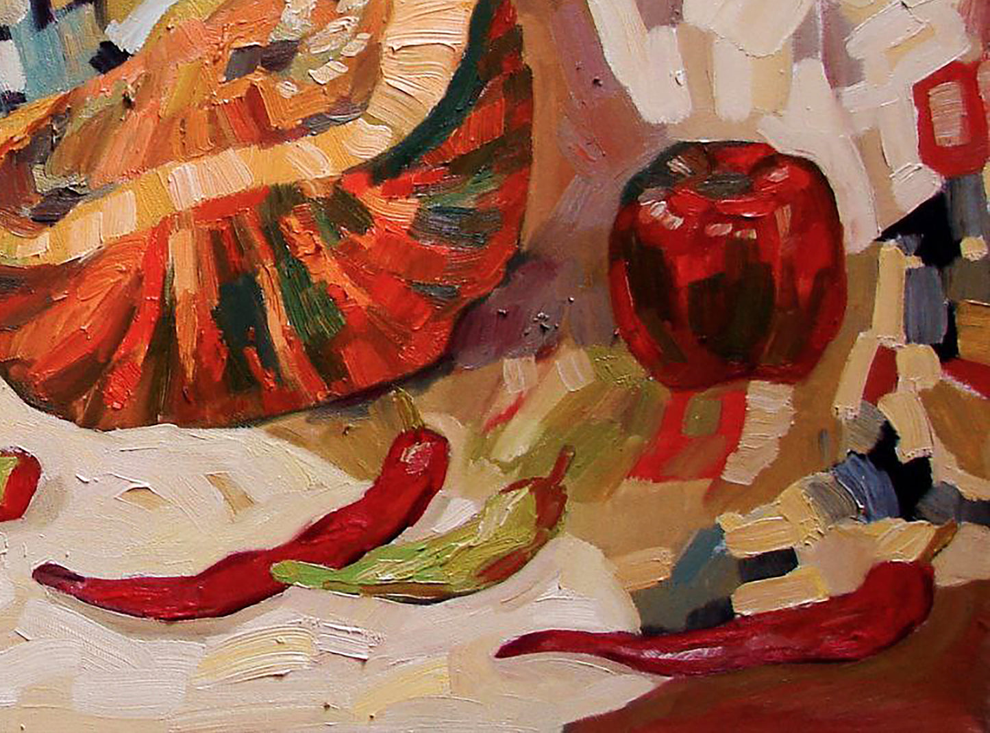 Oil painting of big pumpkin by Tatyana Shulyak with vibrant red pepper accents