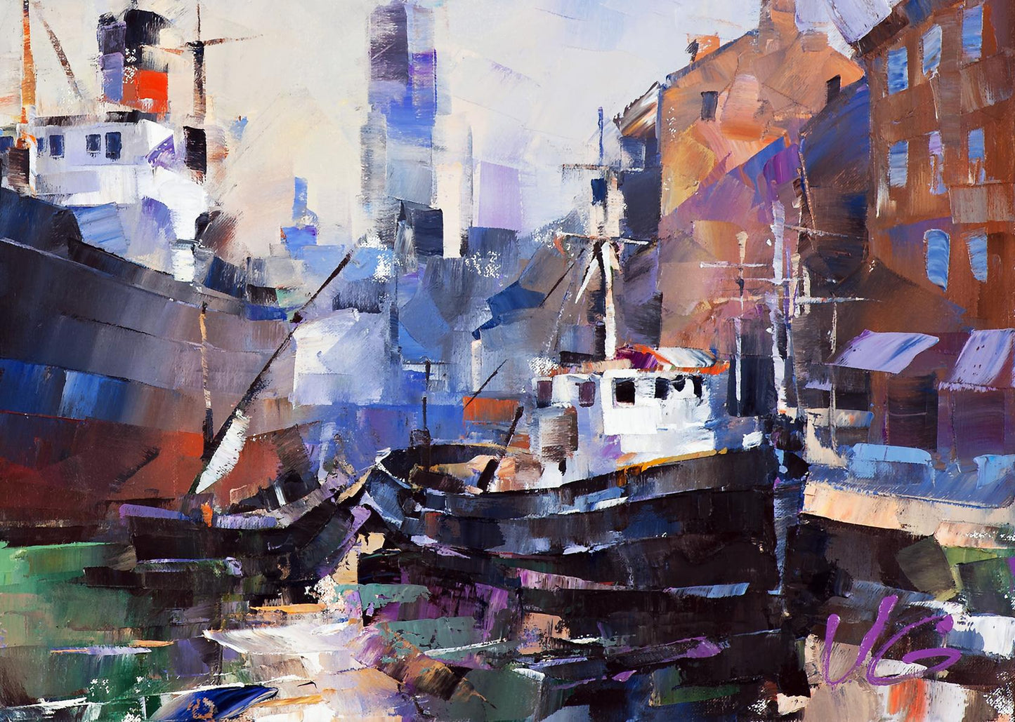 Oil painting New contours by Volodymyr Gluhomanyuk: vibrant harbor scene
