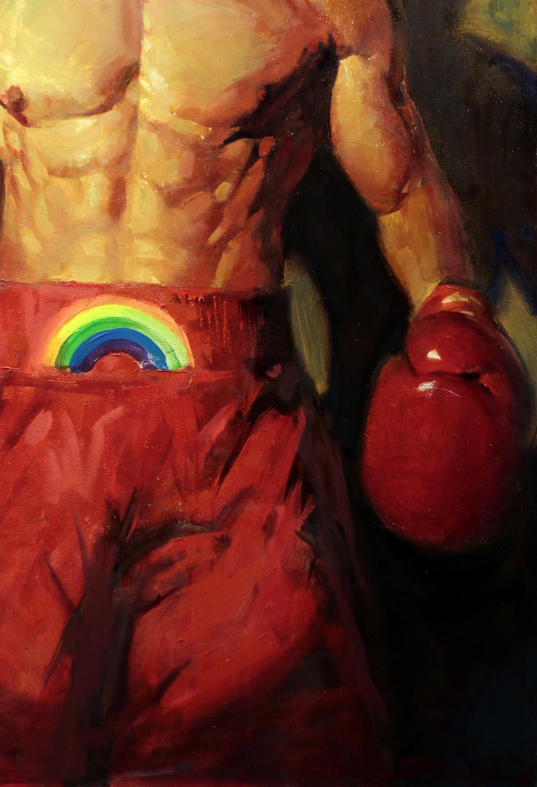 Oil painting of vibrant red boxing glove by Ed Potapenkov
