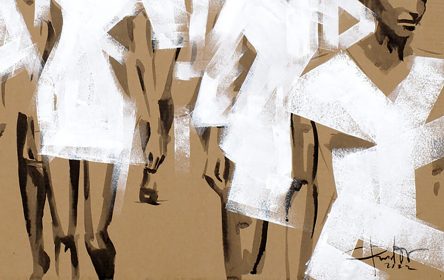 Abstract acrylic painting Divergence by Dima Filatov, white brown figures
